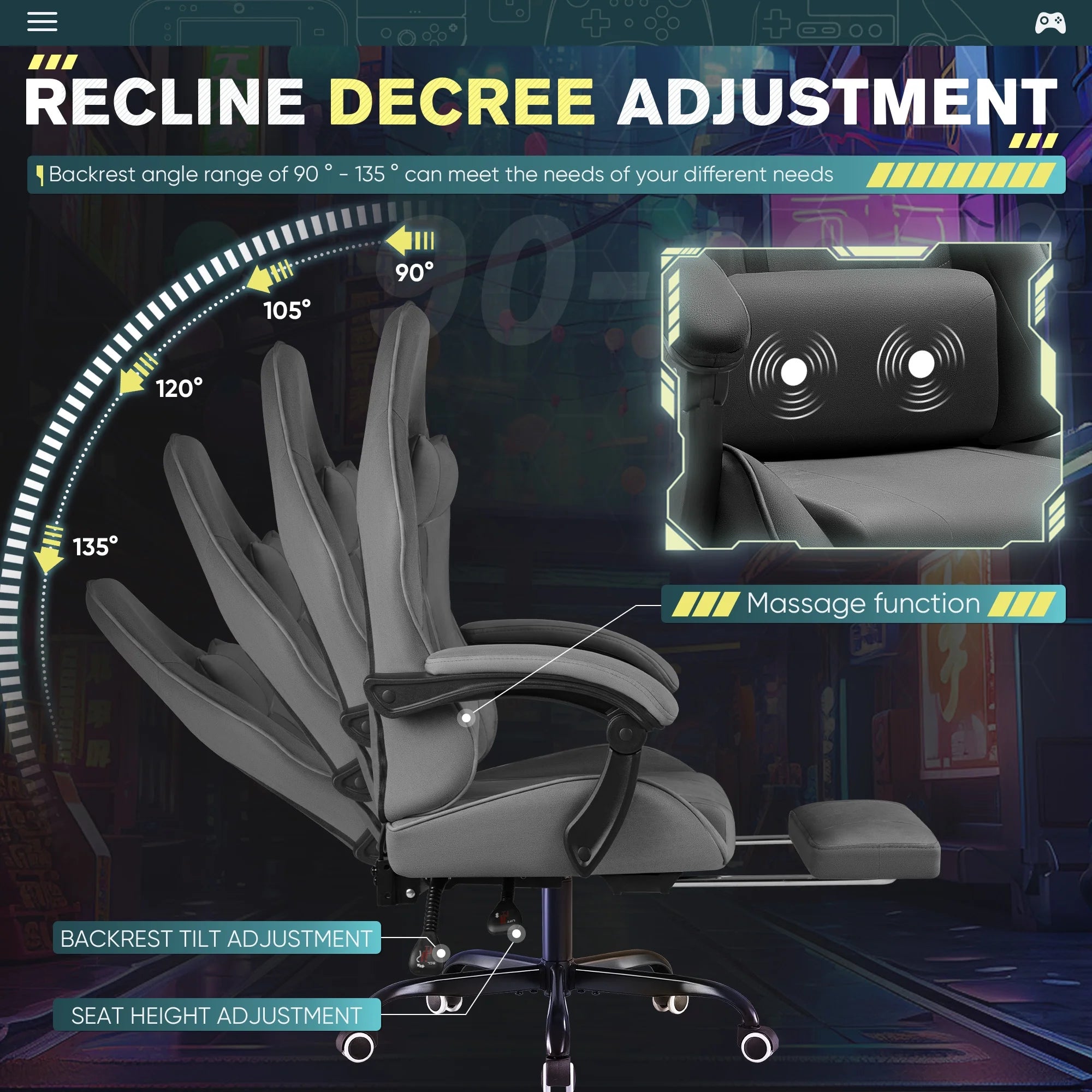 Homall Gaming Chair Breathable Fabric Game Chair Massage Computer Chair with Headrest Cloth Office Chair with Lumbar Support Ergonomic Video Gaming Chair with Footrest