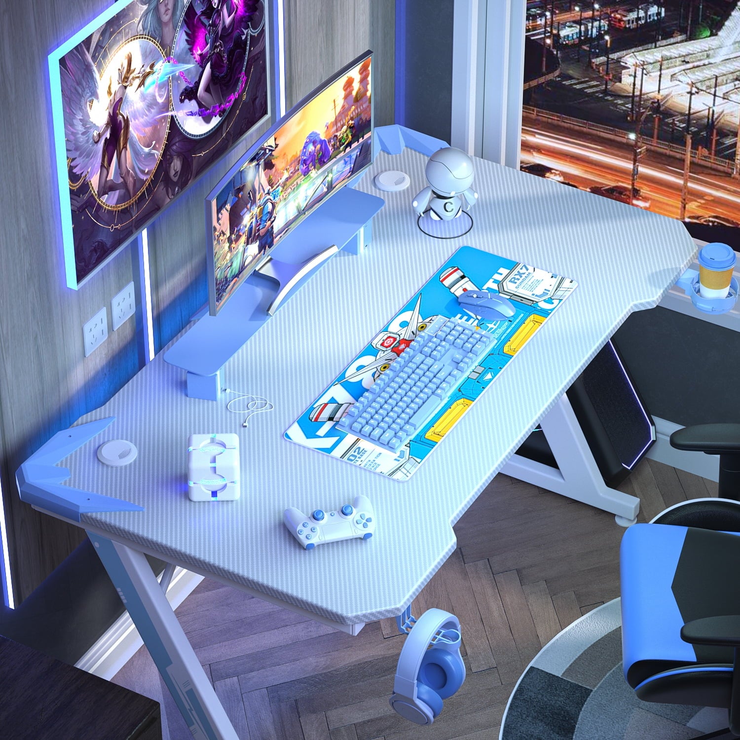 Homall Z-Shaped Gaming Desk Carbon Fiber Surface Desk with Cup Holder & Headphone Hook