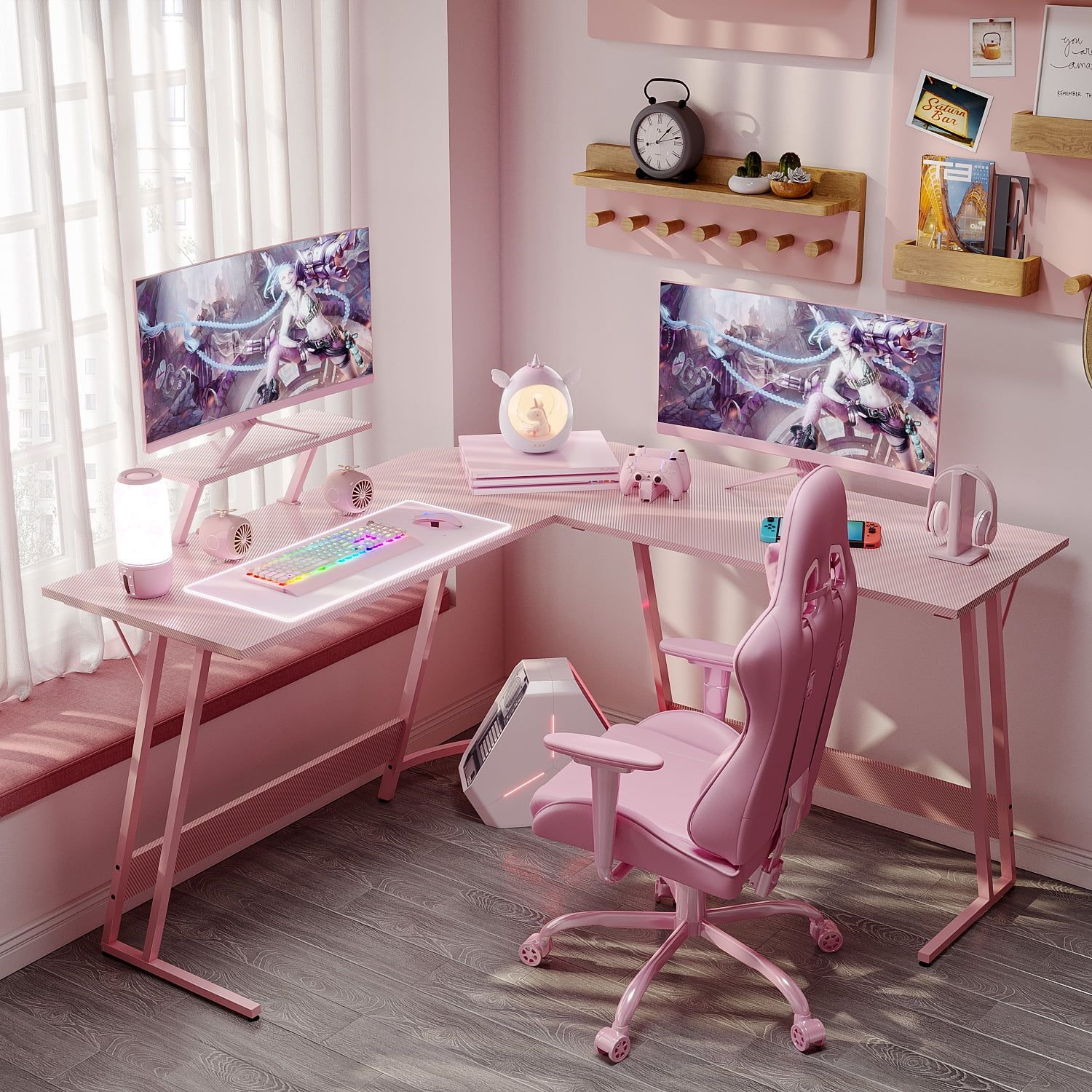 Homall L-Shaped Gaming Desk 51 Inches Corner Office Gaming Desk with Removable Monitor Riser, Pink