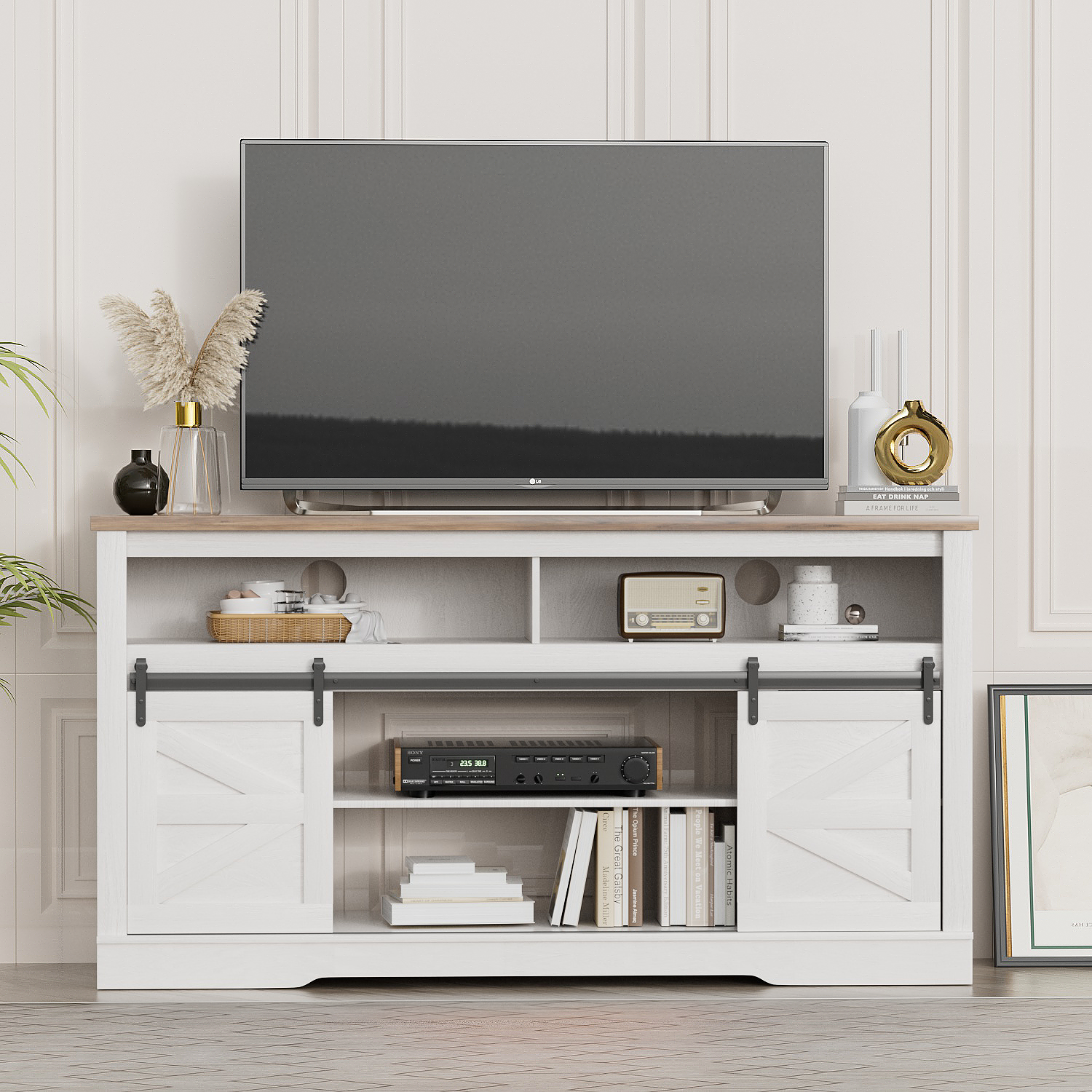 Homall Modern Farmhouse TV Stand with Electric Fireplace Media Storage TV Console Sliding Cabinet Doors