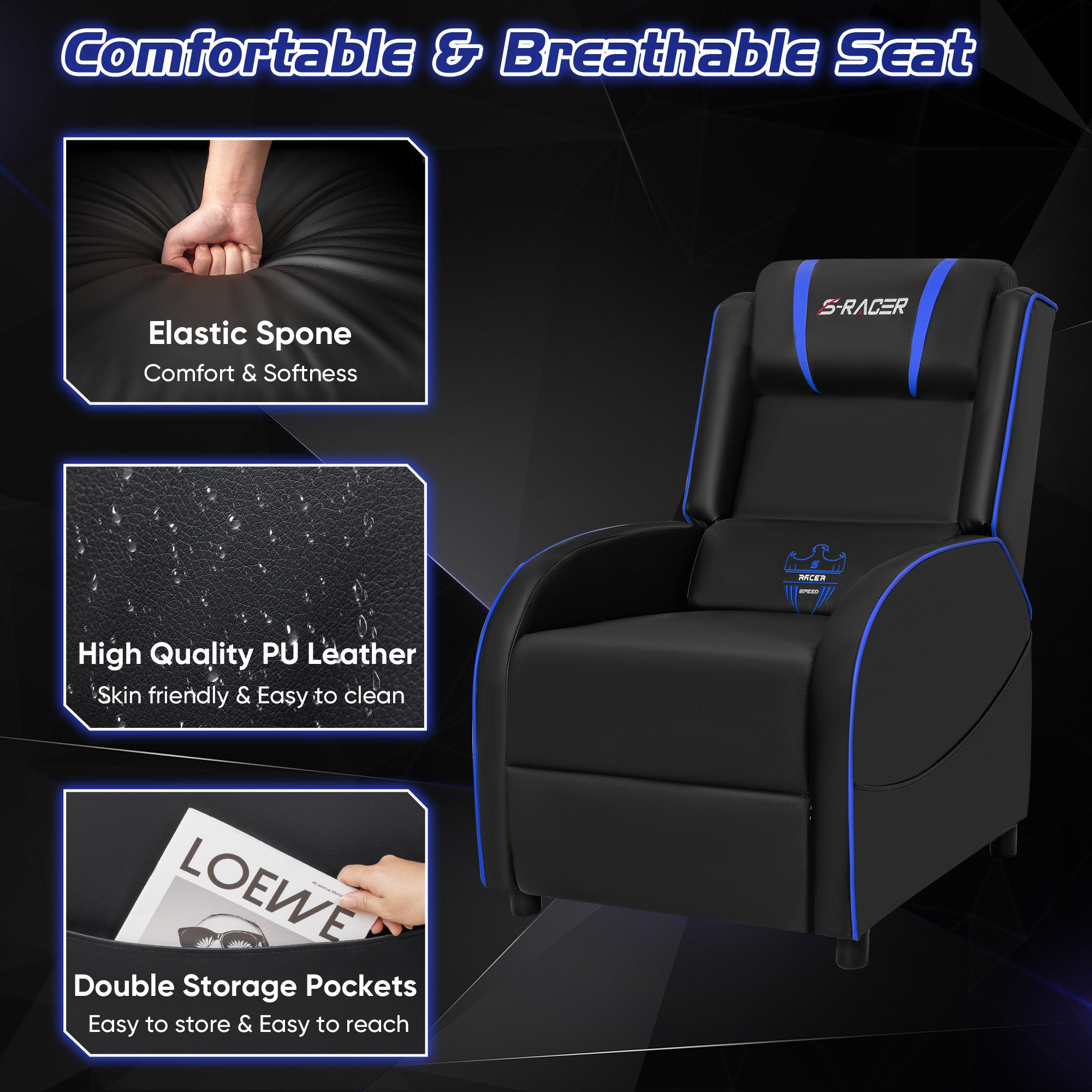 Homall Massage Gaming Recliner Chair Video Game Chair Racing Sofa Chair PU Leather Living Room Sofa Single Home Theater Seating