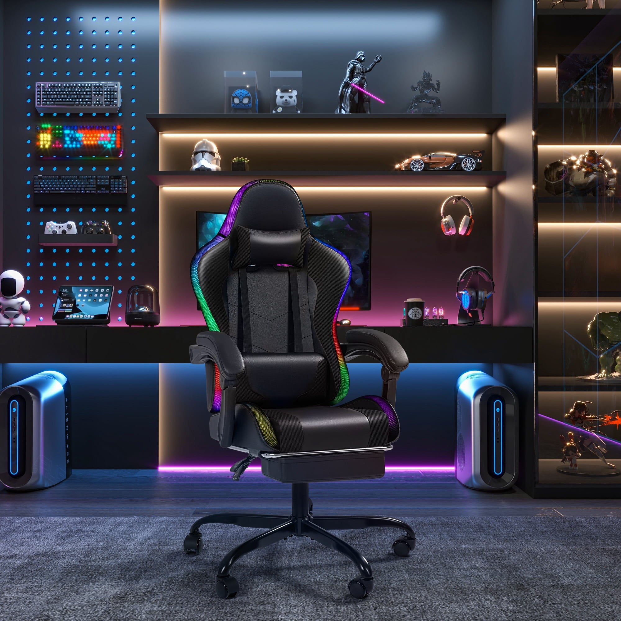 Homall RGB Gaming Chair with Massage and LED Lights Ergonomic Computer Chair with Footrest E-sports Chair with Adjustable Lumbar Support Reclining Video Game Chair