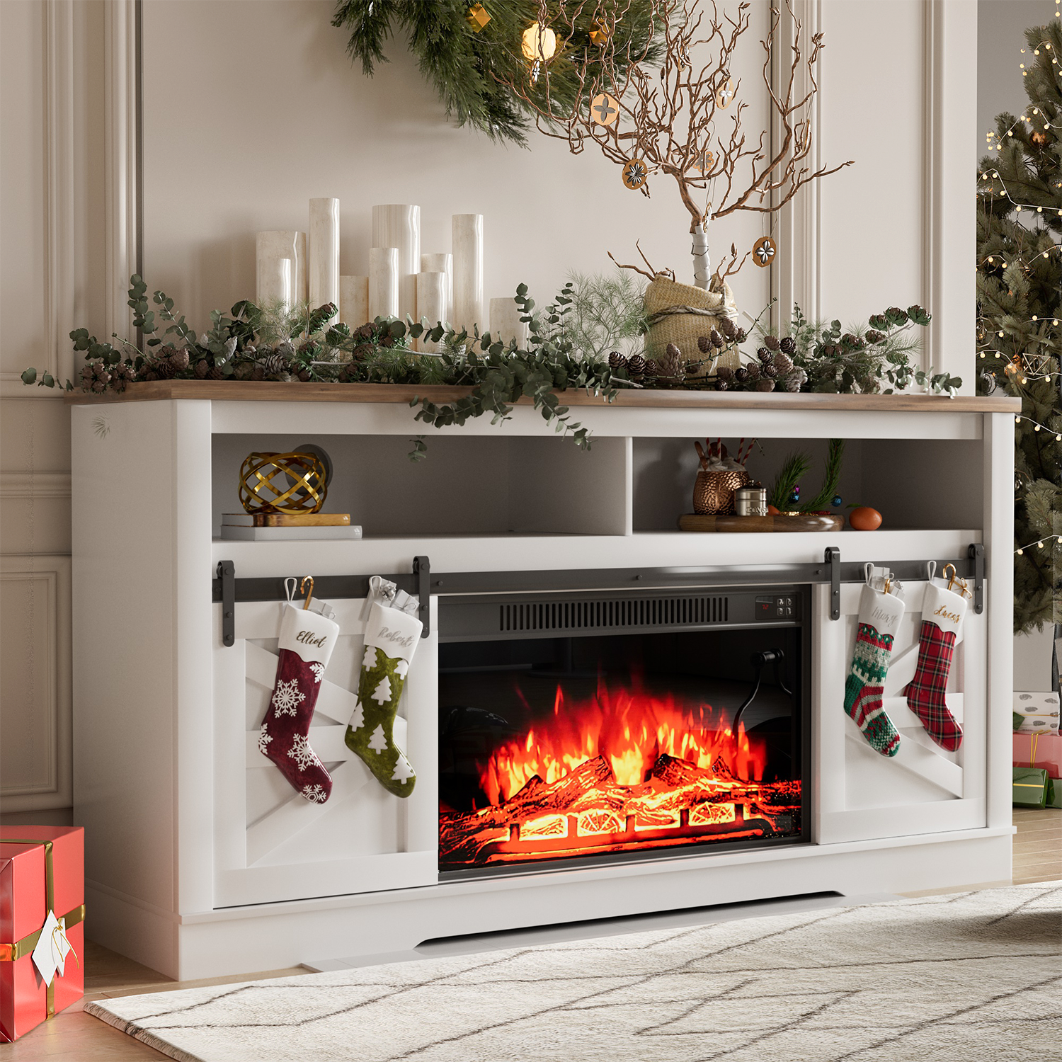 Homall Modern Farmhouse TV Stand with Electric Fireplace Media Storage TV Console Sliding Cabinet Doors