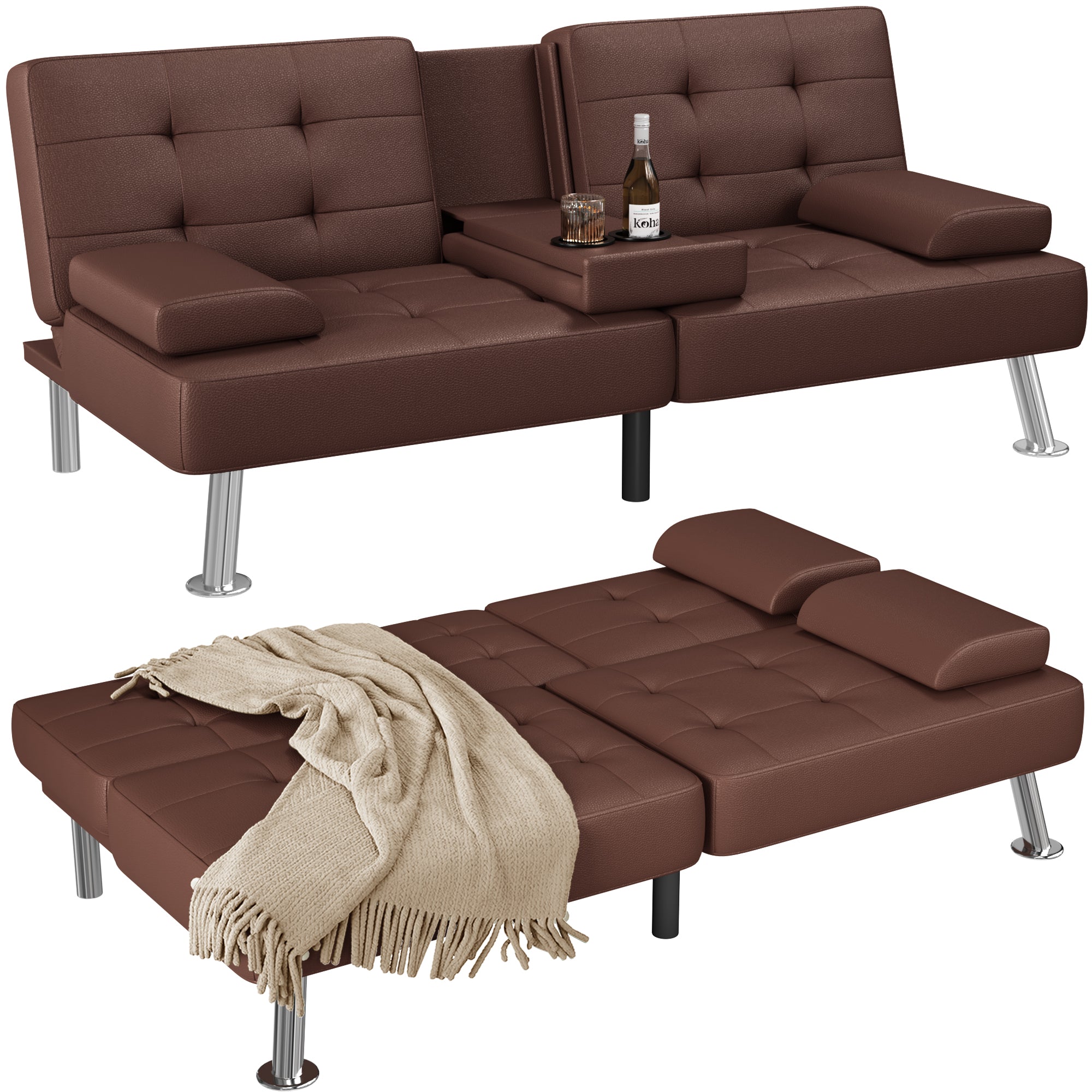 Homall Futon Sofa Bed Faux Leather Couch Modern Convertible Folding Recliner with 2 Cup Holders