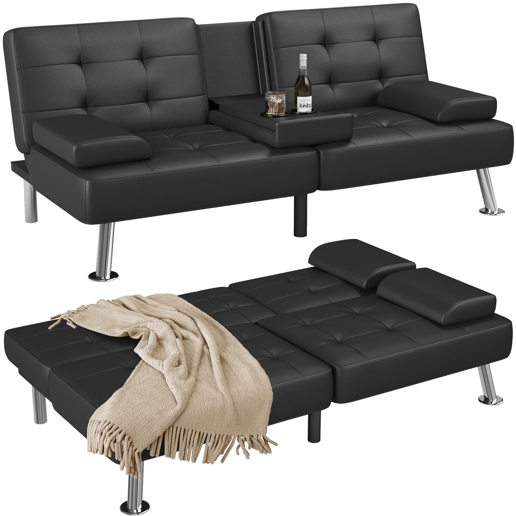 Homall Futon Sofa Bed Faux Leather Couch Modern Convertible Folding Recliner with 2 Cup Holders