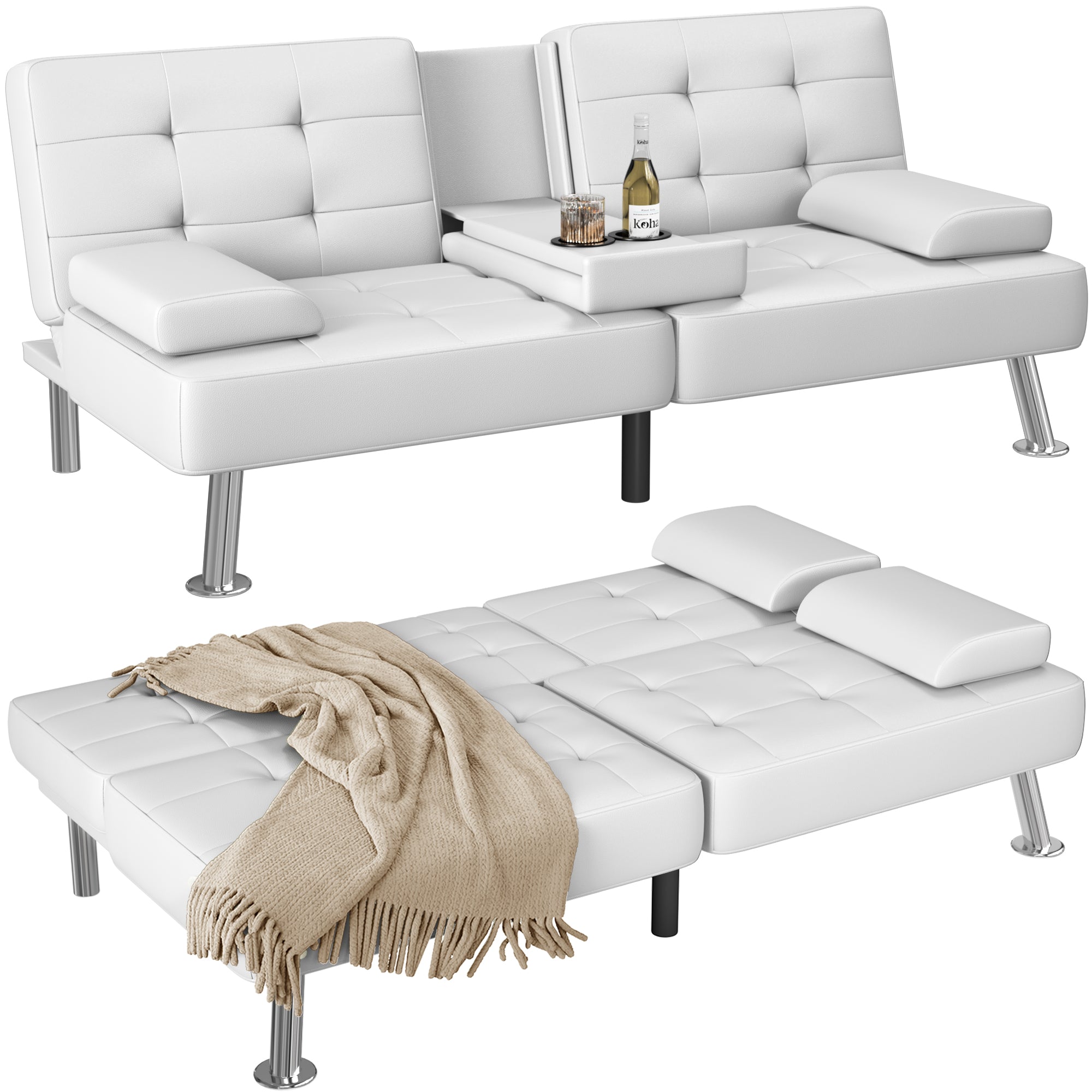 Homall Futon Sofa Bed Faux Leather Couch Modern Convertible Folding Recliner with 2 Cup Holders