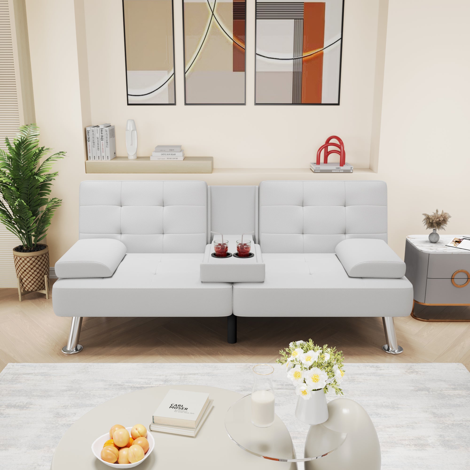 Homall Futon Sofa Bed Faux Leather Couch Modern Convertible Folding Recliner with 2 Cup Holders