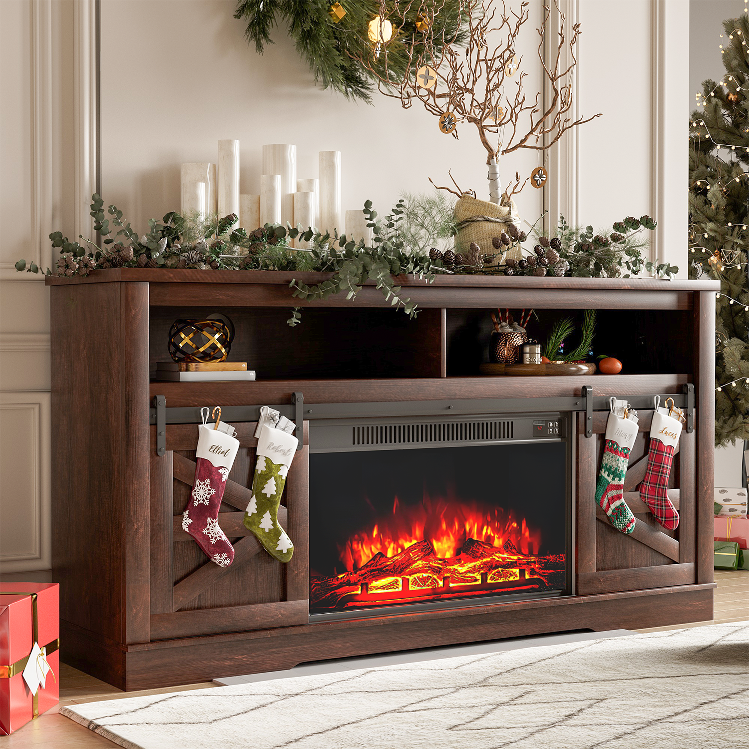 Homall Modern Farmhouse TV Stand with Electric Fireplace Media Storage TV Console Sliding Cabinet Doors