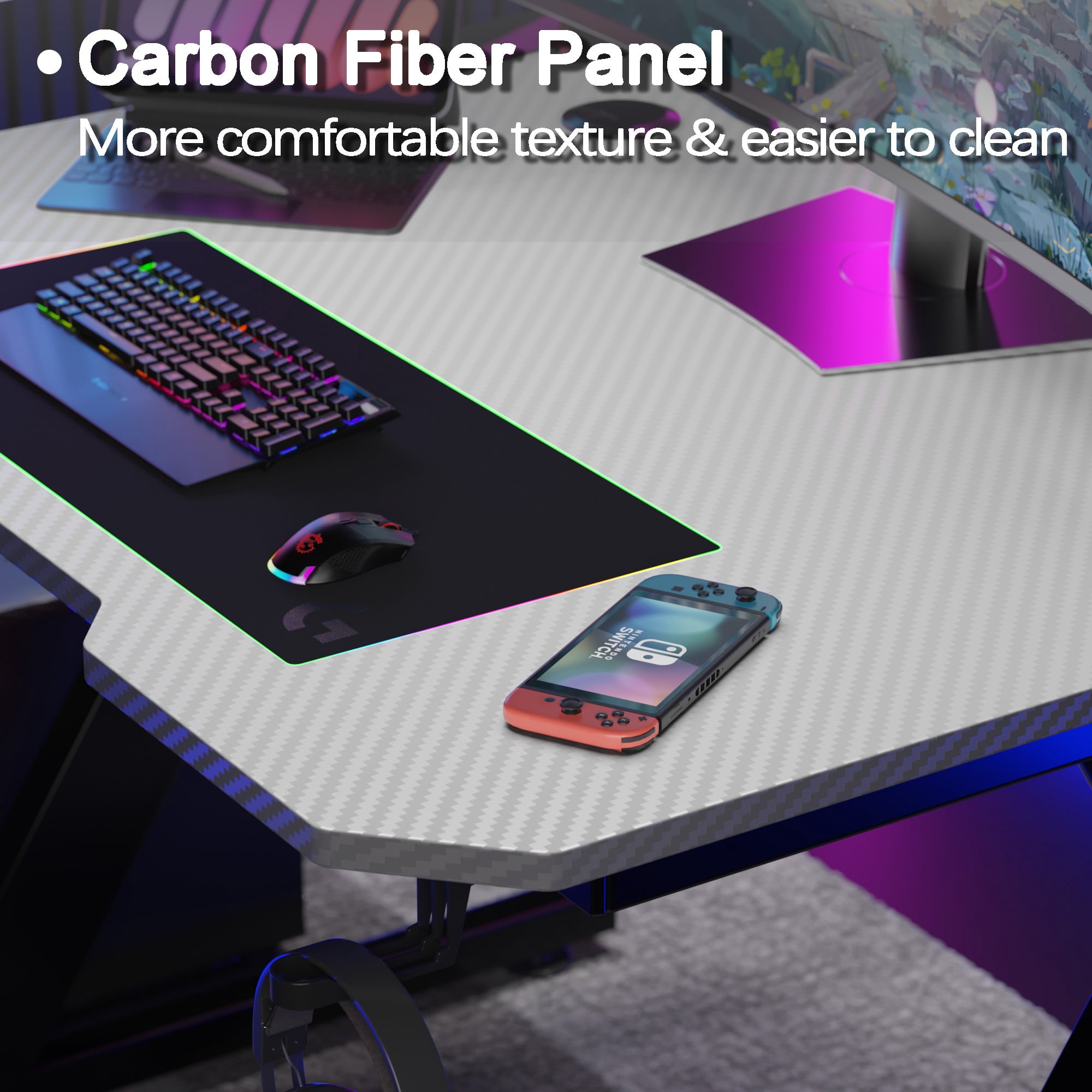 Homall Z-Shaped Gaming Desk Carbon Fiber Surface Desk with Cup Holder & Headphone Hook