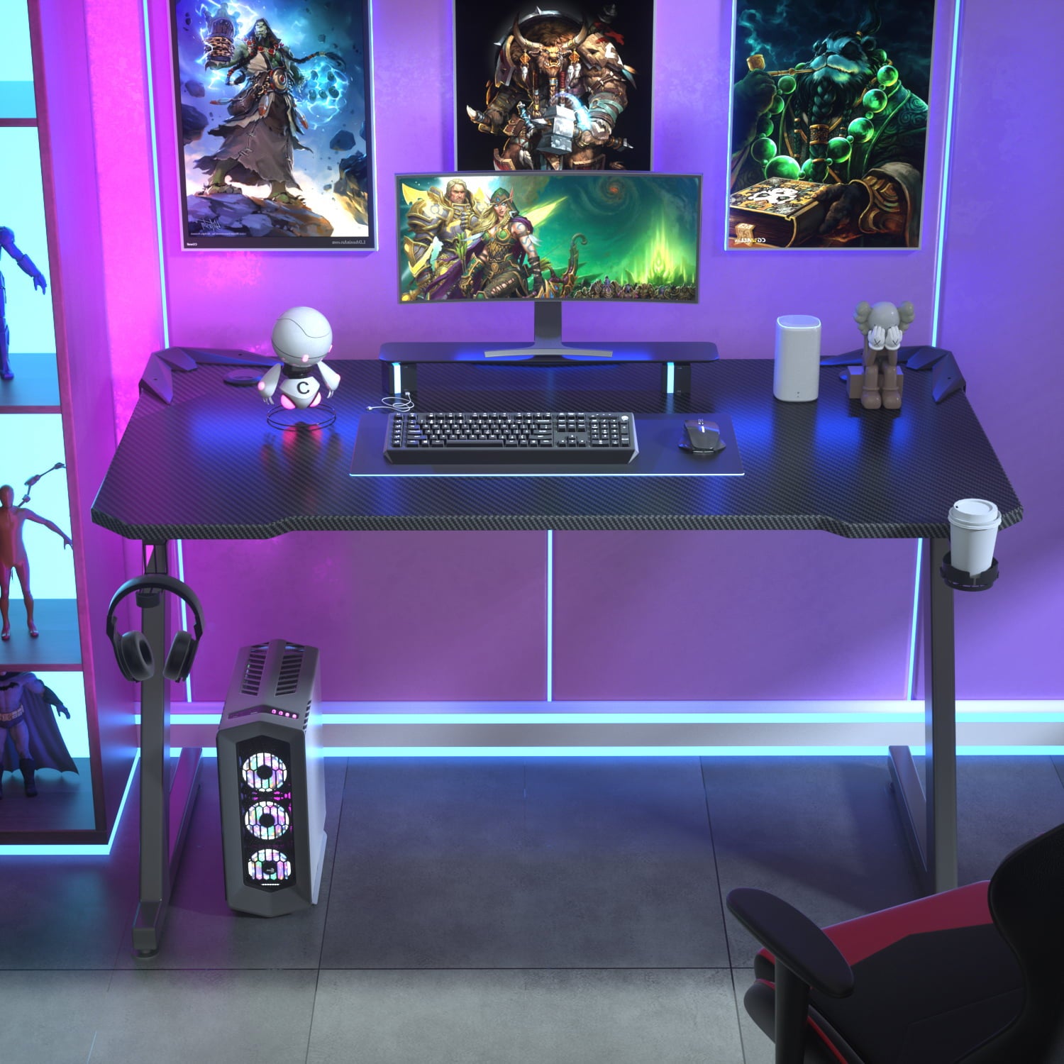 Homall Z-Shaped Gaming Desk Carbon Fiber Surface Desk with Cup Holder & Headphone Hook