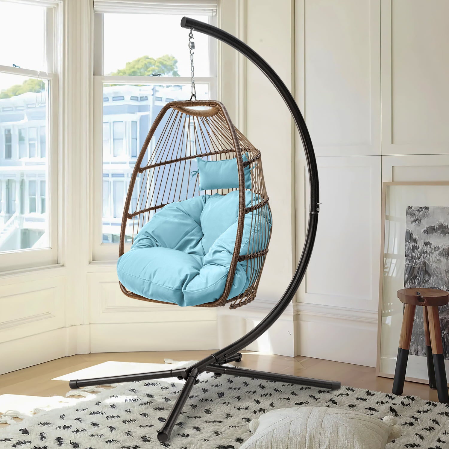 Homall Indoor Outdoor Patio Wicker Swing Egg Chair Hammock Chair Hanging Chair UV Resistant Cushions with Stand for Patio Porch Lounge Bedroom Balcony Garden Backyard