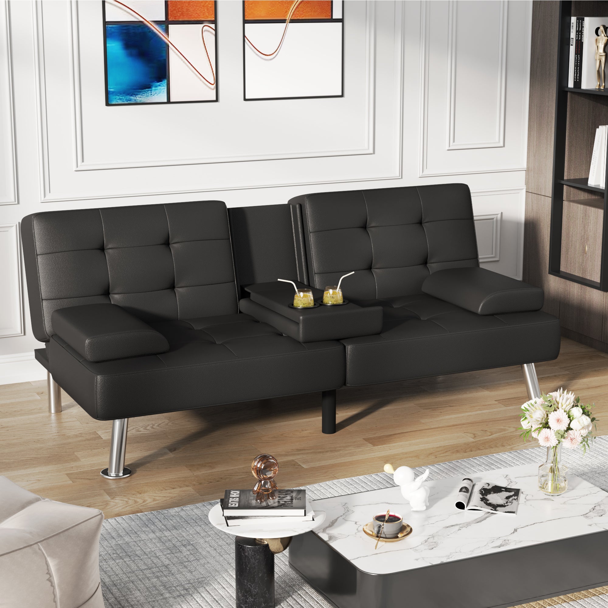 Homall Futon Sofa Bed Faux Leather Couch Modern Convertible Folding Recliner with 2 Cup Holders