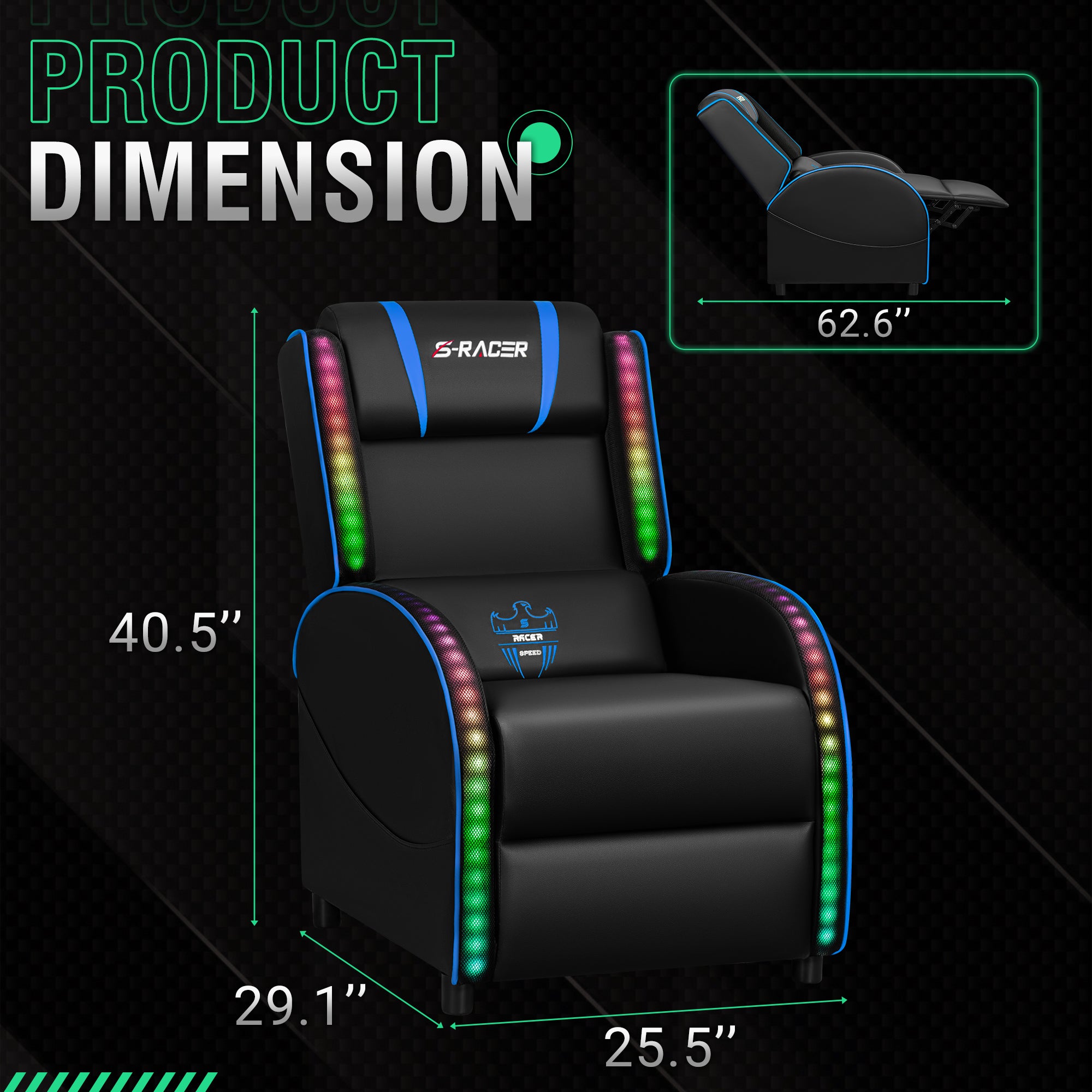 Homall RGB LED Lights Gaming Massage Recliner Chair Racing Style Single Living Room Sofa Ergonomic Home Theater Seating with Massage Lumbar Support