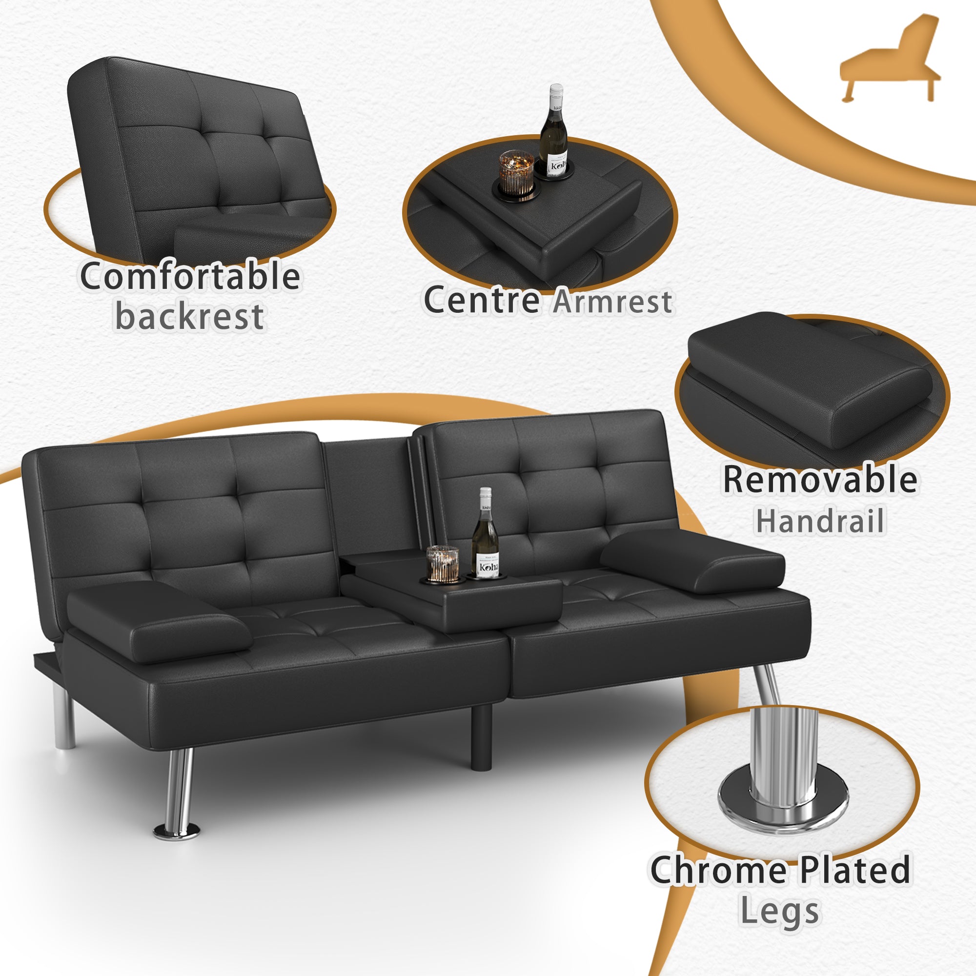 Homall Futon Sofa Bed Faux Leather Couch Modern Convertible Folding Recliner with 2 Cup Holders