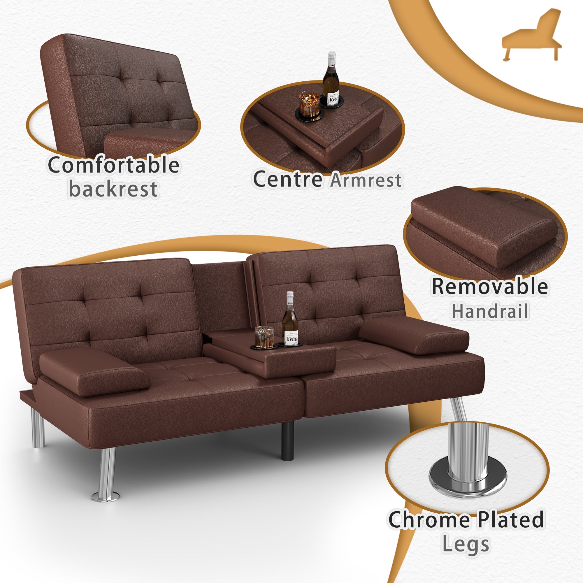 Homall Futon Sofa Bed Faux Leather Couch Modern Convertible Folding Recliner with 2 Cup Holders