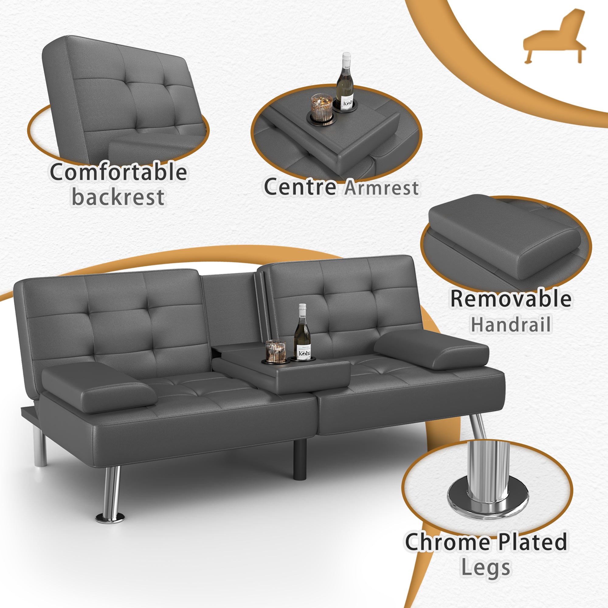 Homall Futon Sofa Bed Faux Leather Couch Modern Convertible Folding Recliner with 2 Cup Holders