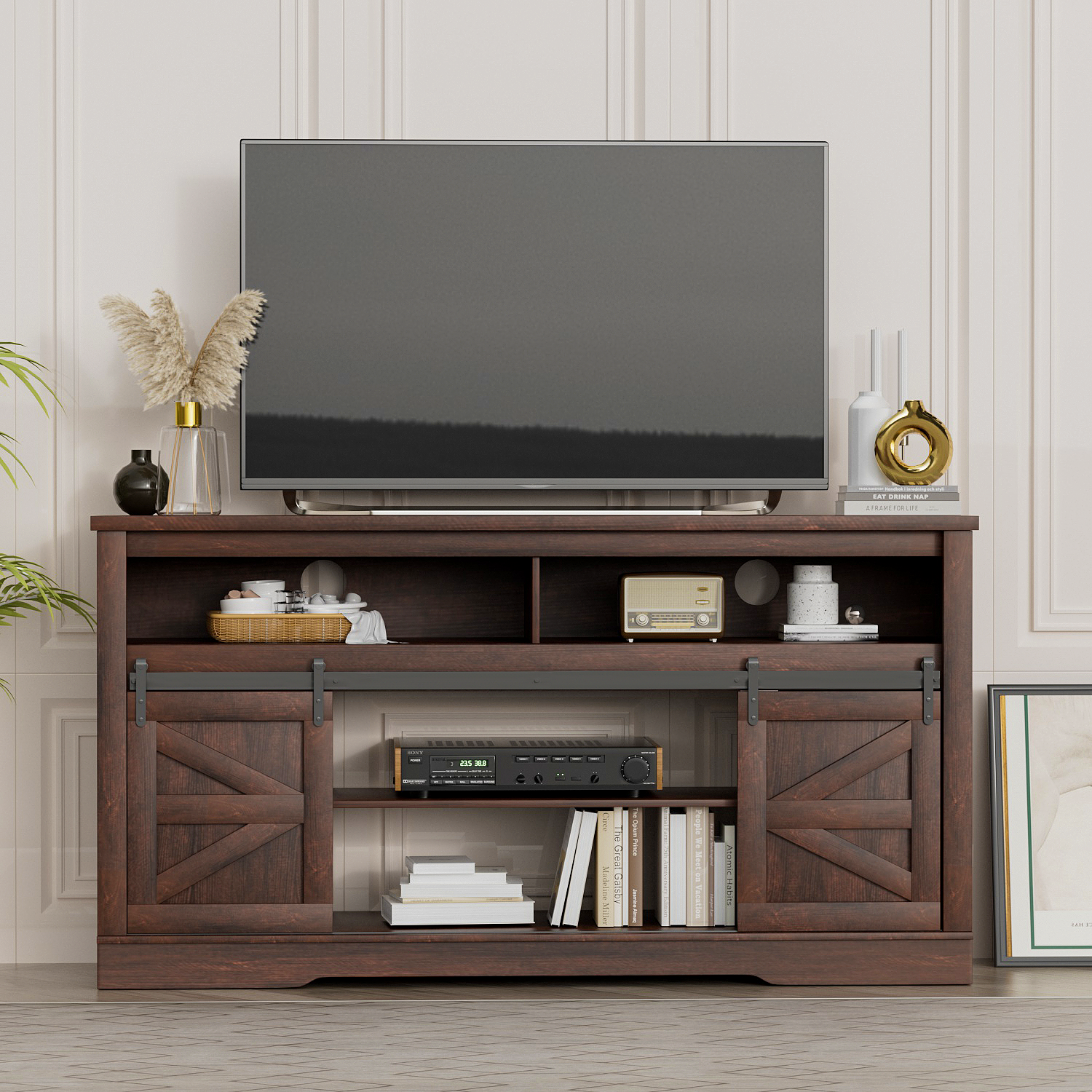 Homall Modern Farmhouse TV Stand with Electric Fireplace Media Storage TV Console Sliding Cabinet Doors