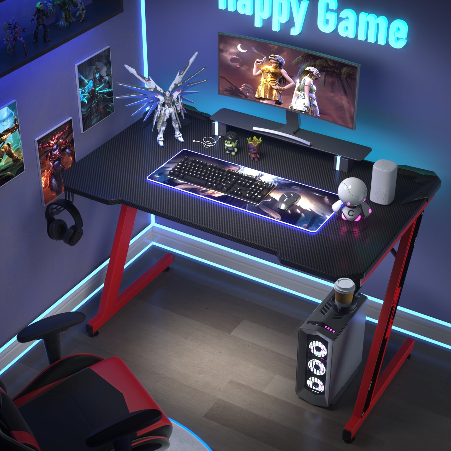 Homall Z-Shaped Gaming Desk Carbon Fiber Surface Desk with Cup Holder & Headphone Hook