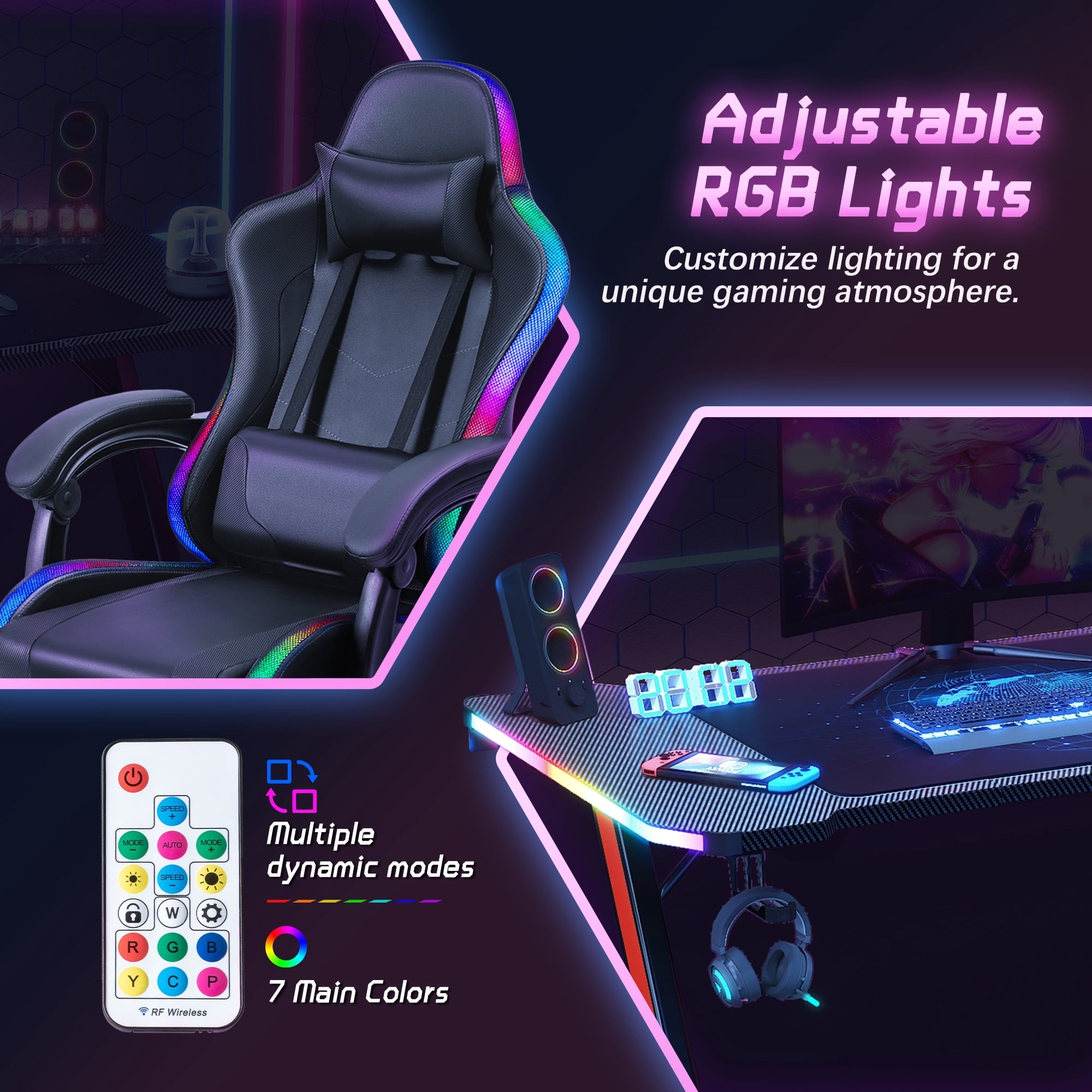 Homall RGB Gaming Desk and Chair Set, Carbon Fiber Desktop Z-Shape Table Massage Ergonomics Racing Chair E-Sports LED Lights Chair RGB Gaming Set