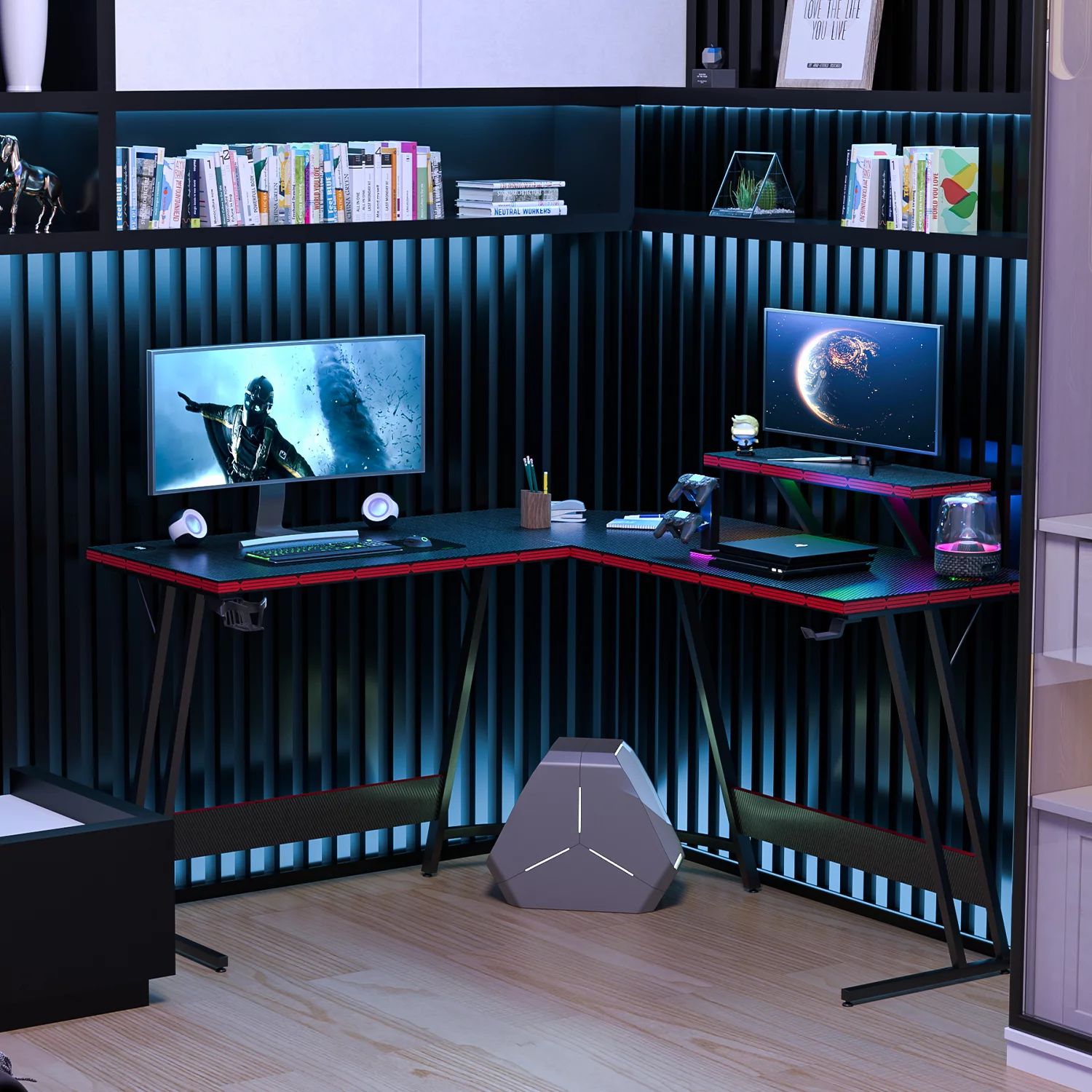 Homall L-Shaped Gaming Desk 51 Inches Corner Office Gaming Desk Removable Monitor Riser Desk with LED Strip & Power Outlets, Black