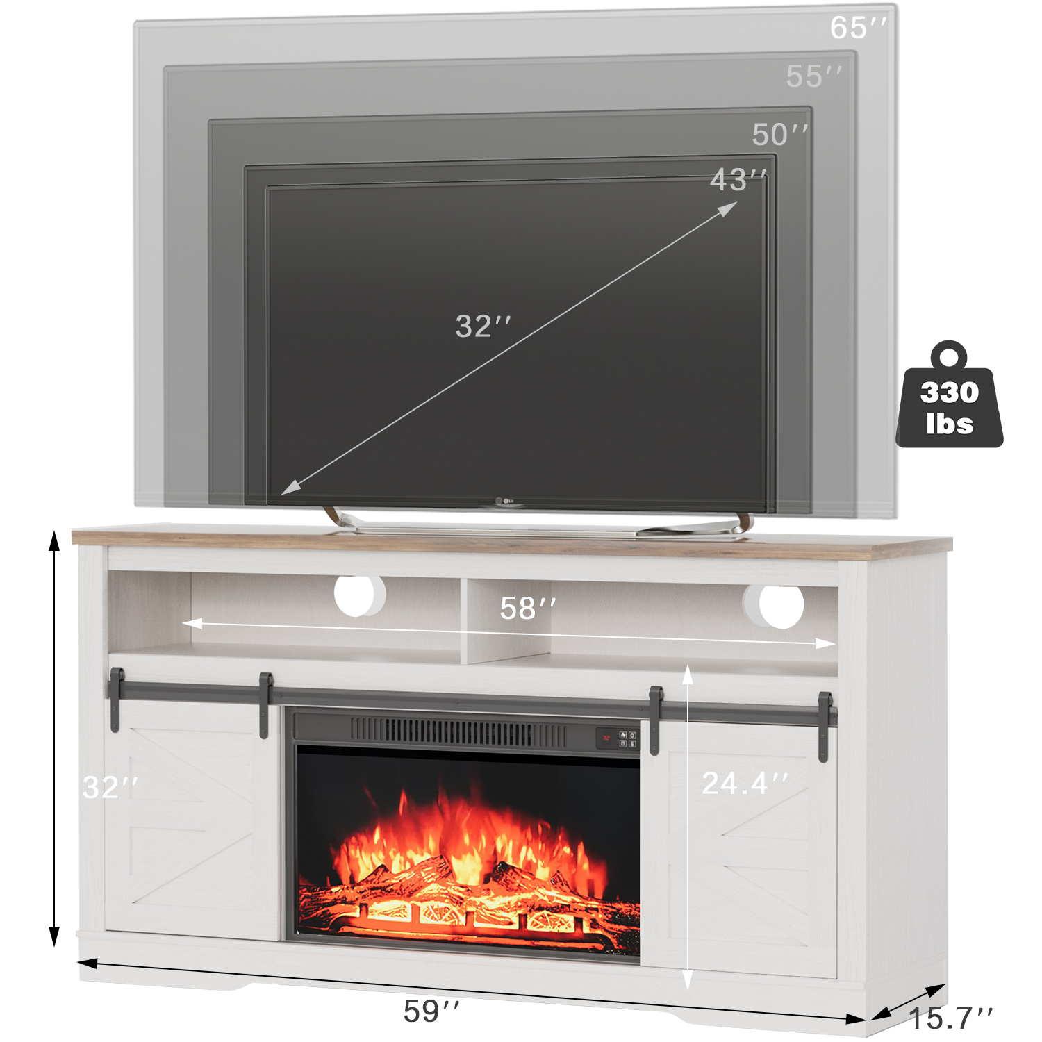Homall Modern Farmhouse TV Stand with Electric Fireplace Media Storage TV Console Sliding Cabinet Doors