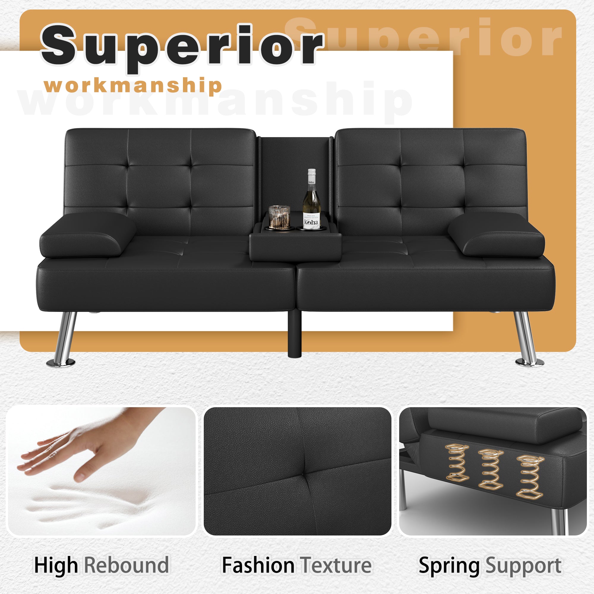 Homall Futon Sofa Bed Faux Leather Couch Modern Convertible Folding Recliner with 2 Cup Holders
