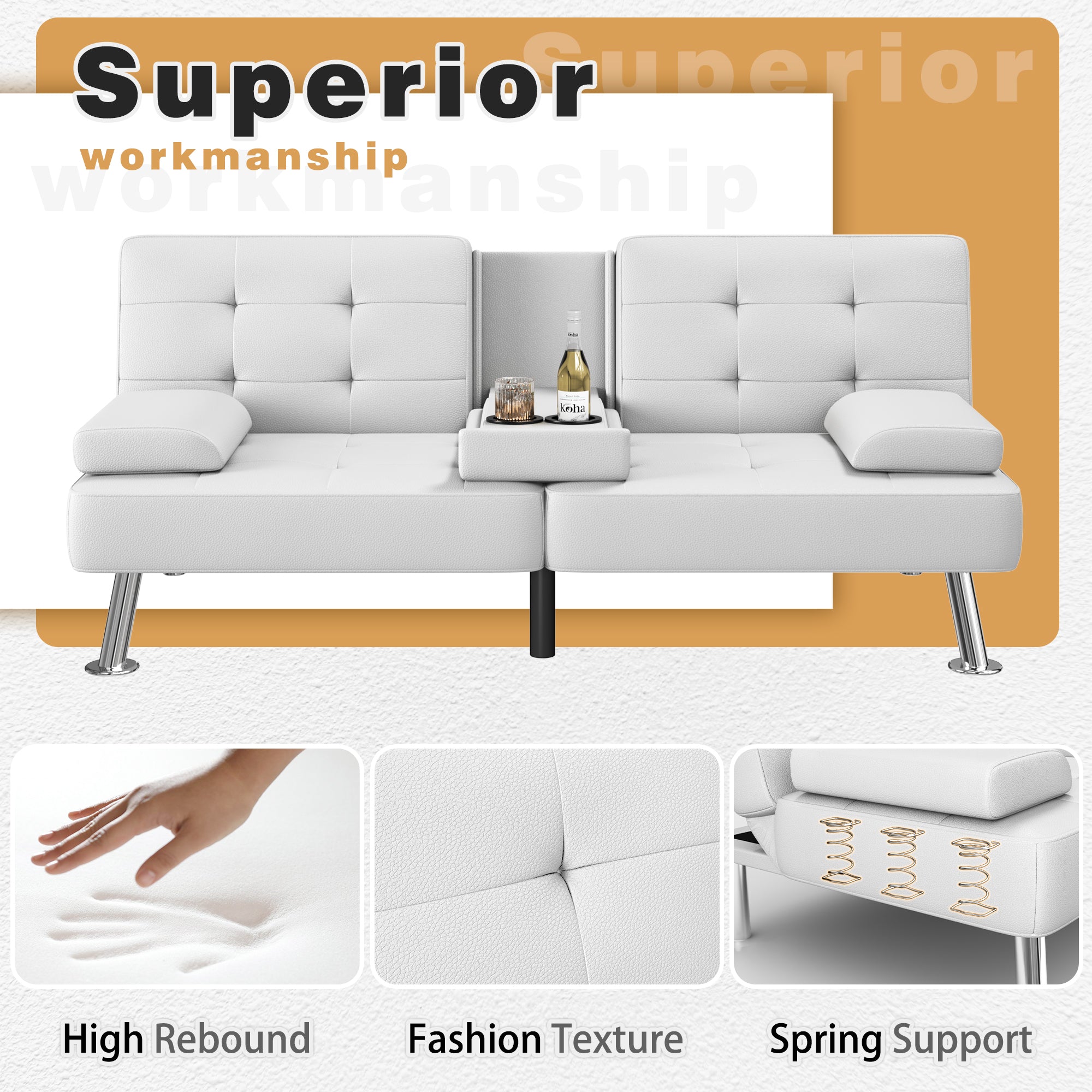 Homall Futon Sofa Bed Faux Leather Couch Modern Convertible Folding Recliner with 2 Cup Holders