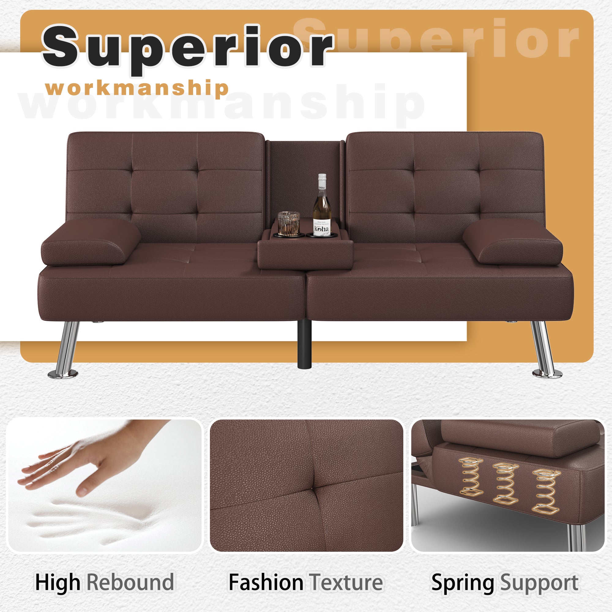 Homall Futon Sofa Bed Faux Leather Couch Modern Convertible Folding Recliner with 2 Cup Holders