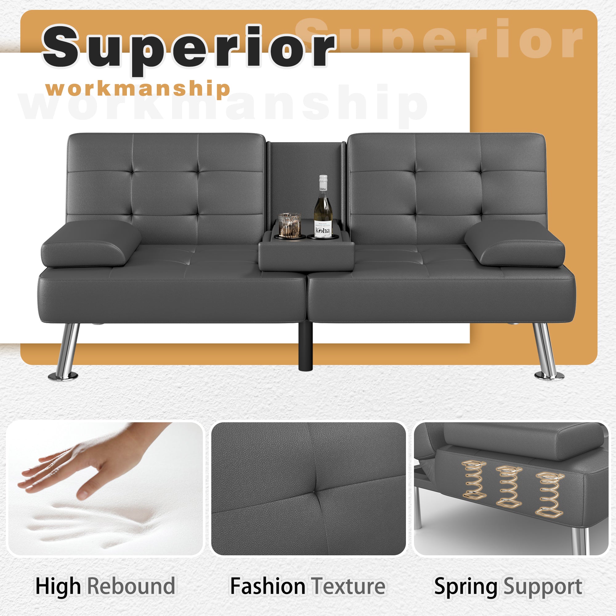 Homall Futon Sofa Bed Faux Leather Couch Modern Convertible Folding Recliner with 2 Cup Holders