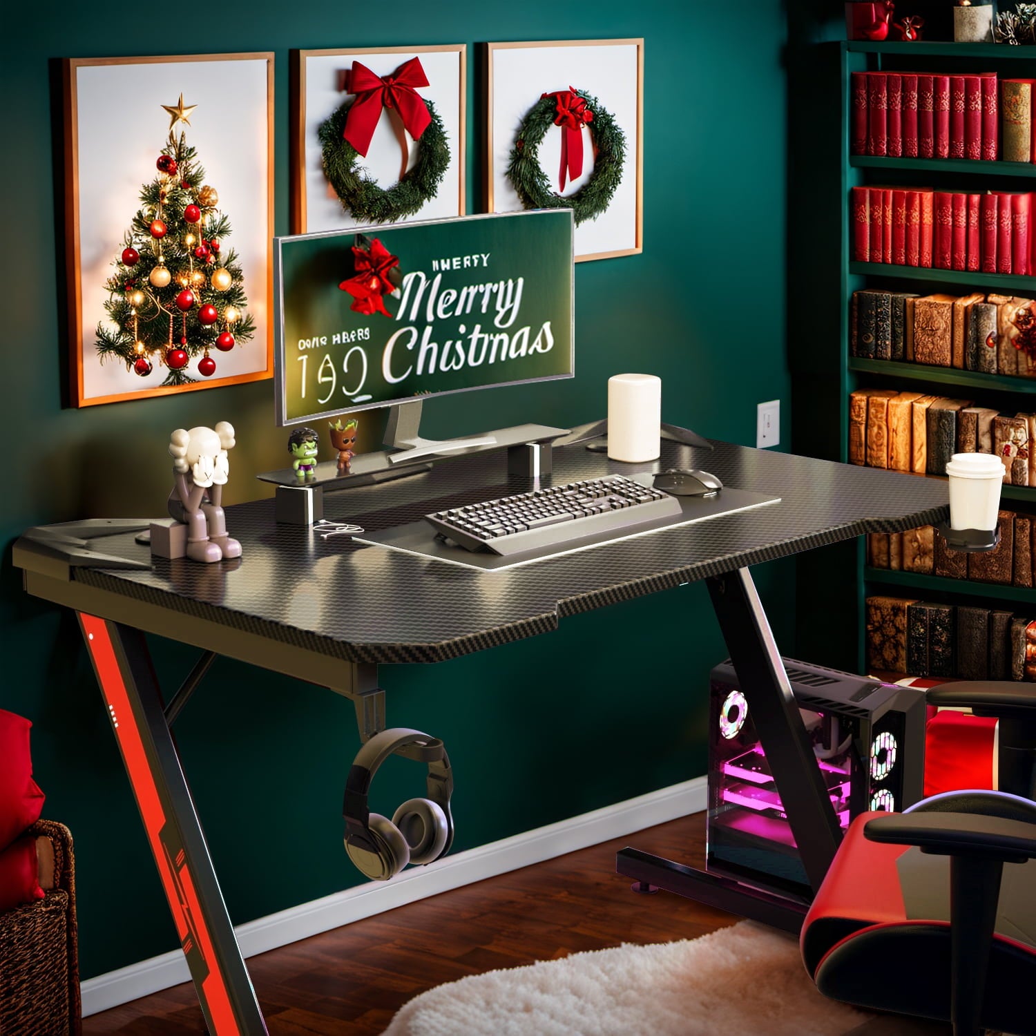 Homall Z-Shaped Gaming Desk Carbon Fiber Surface Desk with Cup Holder & Headphone Hook