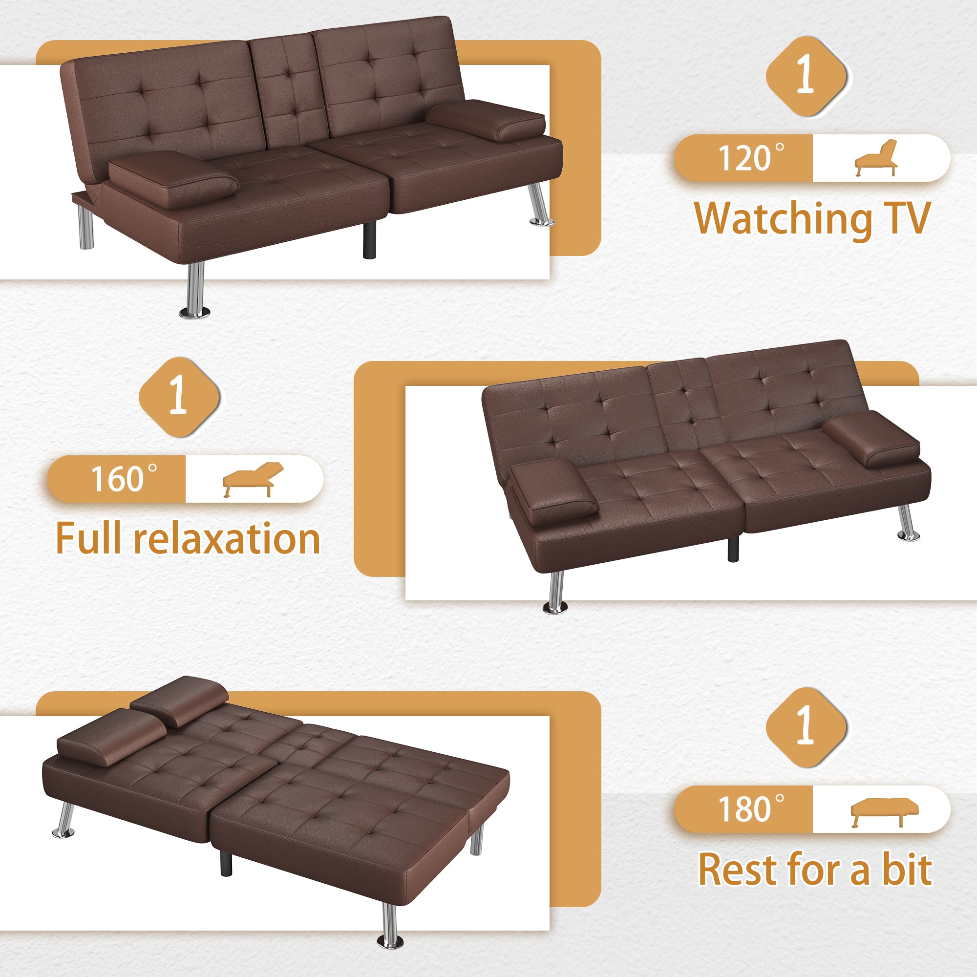 Homall Futon Sofa Bed Faux Leather Couch Modern Convertible Folding Recliner with 2 Cup Holders