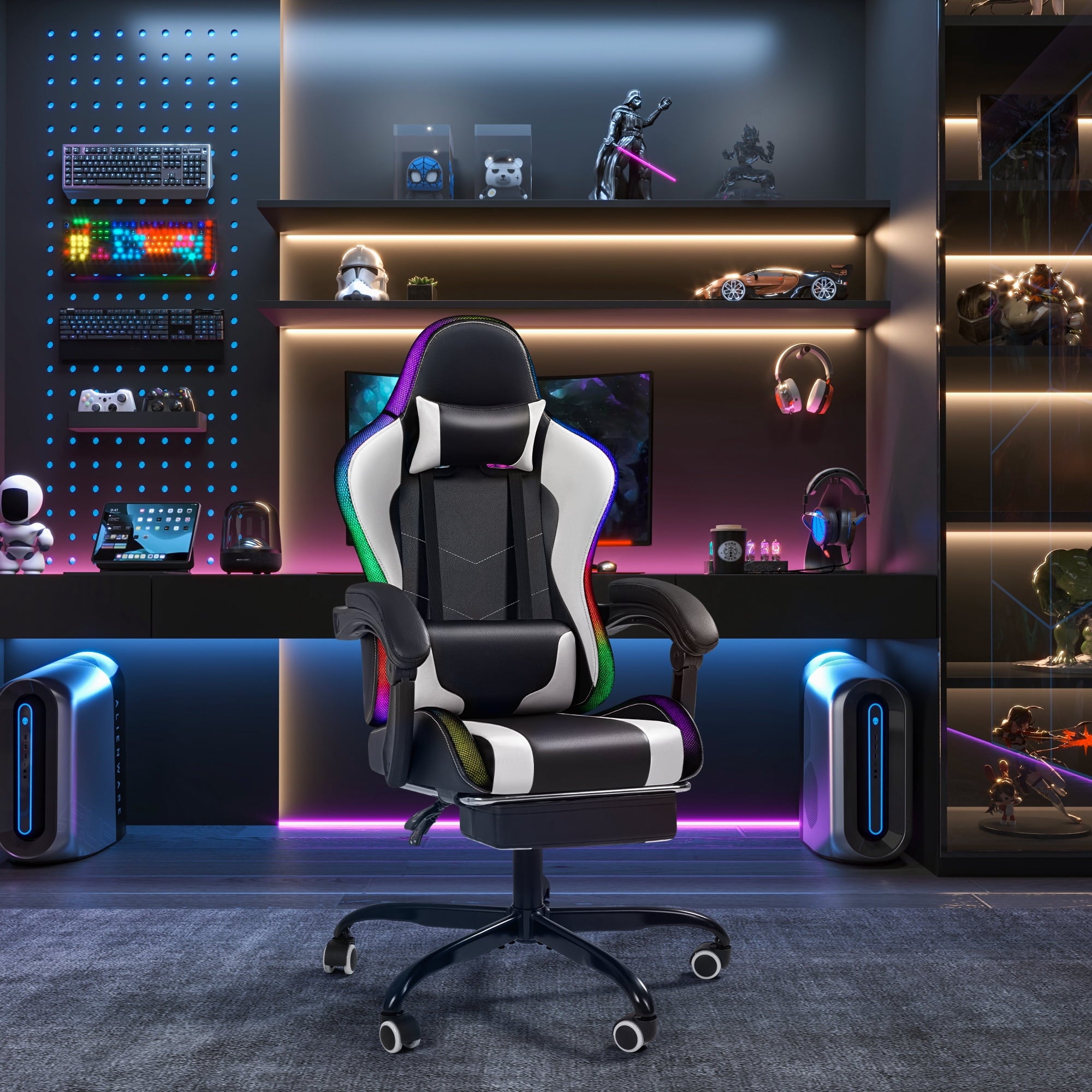 Homall RGB Gaming Chair with Massage and LED Lights Ergonomic Computer Chair with Footrest E-sports Chair with Adjustable Lumbar Support Reclining Video Game Chair