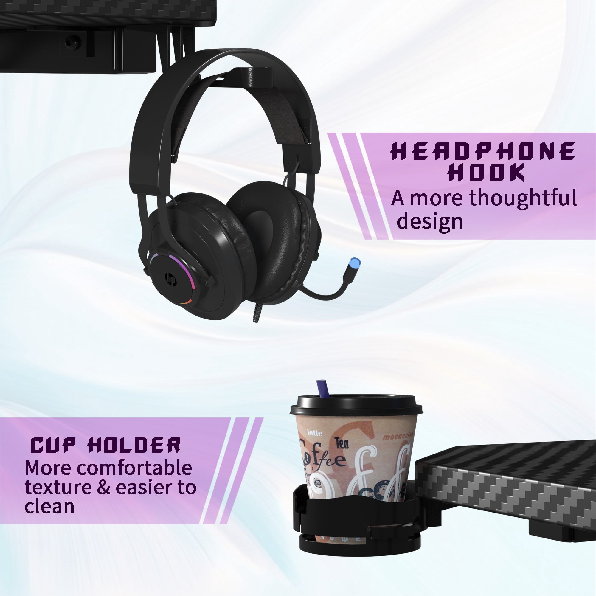 Homall Z-Shaped Gaming Desk Carbon Fiber Surface Desk with Cup Holder & Headphone Hook