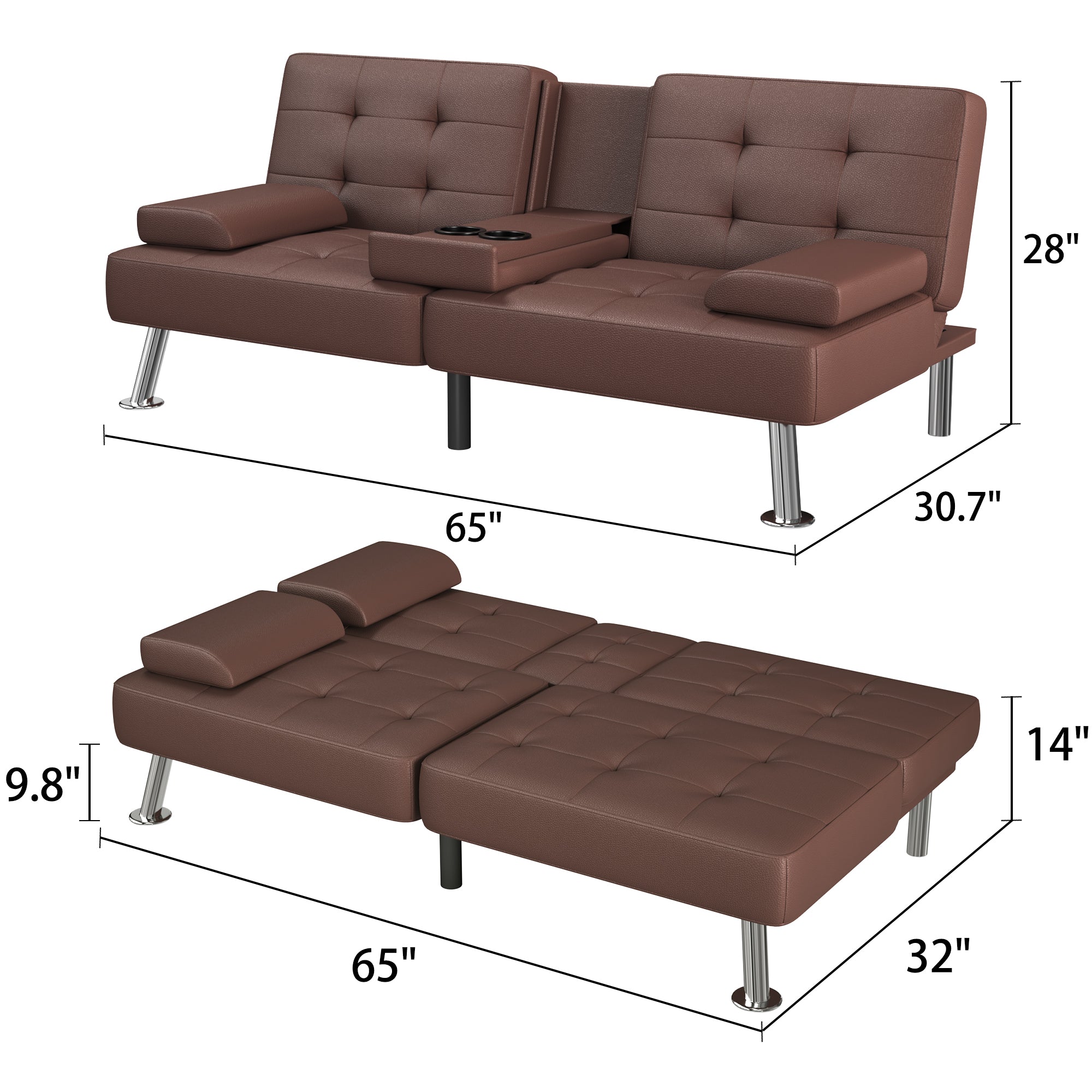 Homall Futon Sofa Bed Faux Leather Couch Modern Convertible Folding Recliner with 2 Cup Holders