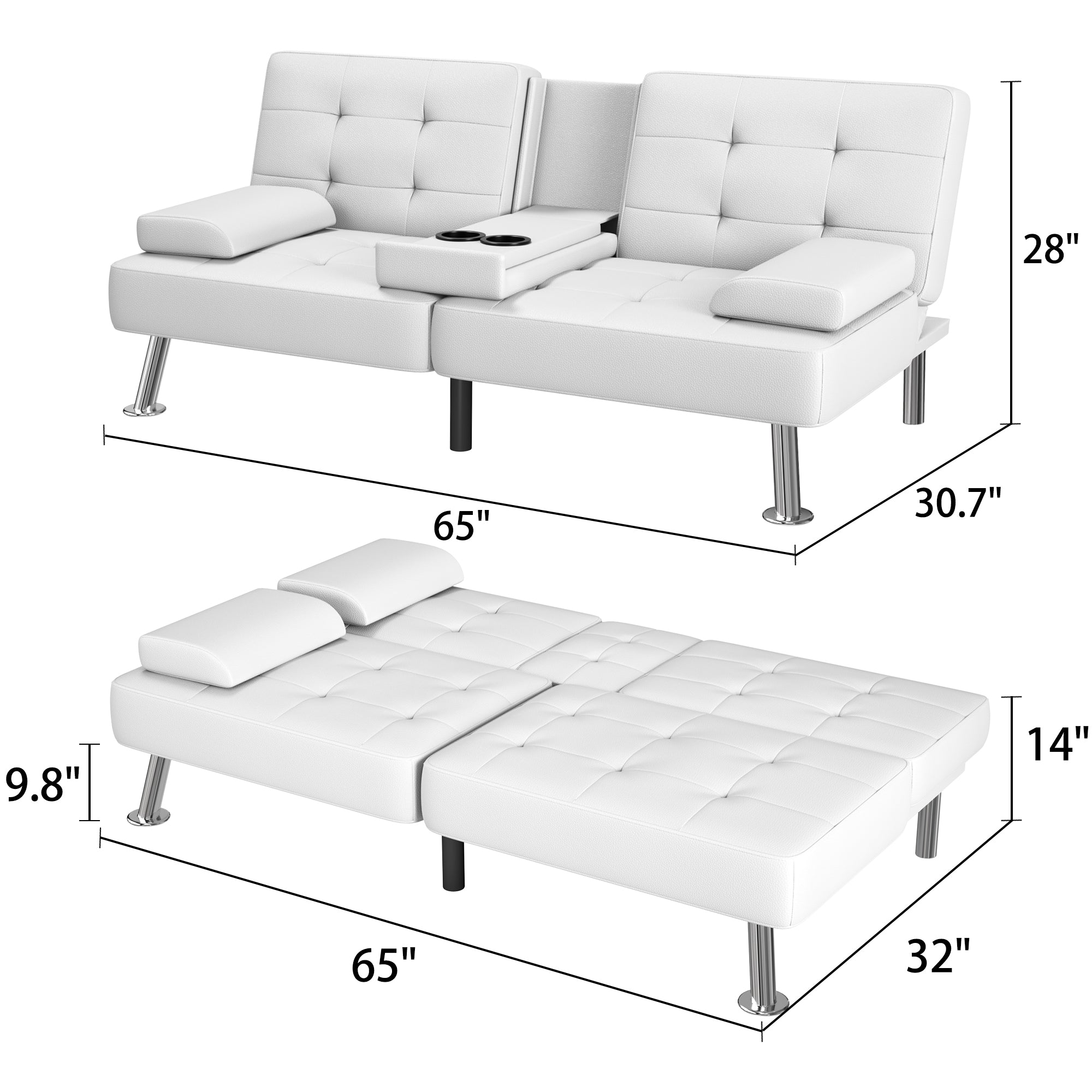 Homall Futon Sofa Bed Faux Leather Couch Modern Convertible Folding Recliner with 2 Cup Holders