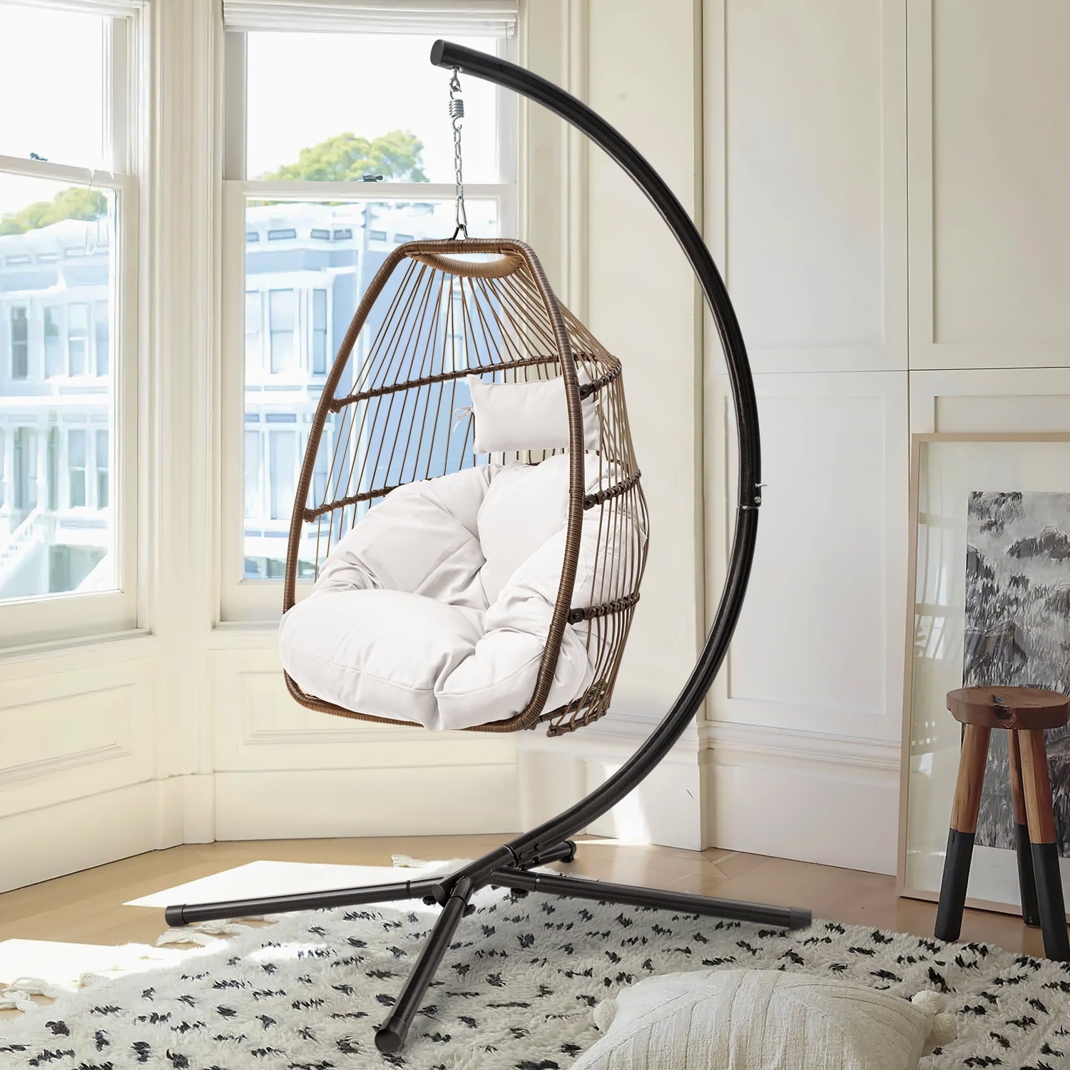 Homall Indoor Outdoor Patio Wicker Swing Egg Chair Hammock Chair Hanging Chair UV Resistant Cushions with Stand for Patio Porch Lounge Bedroom Balcony Garden Backyard