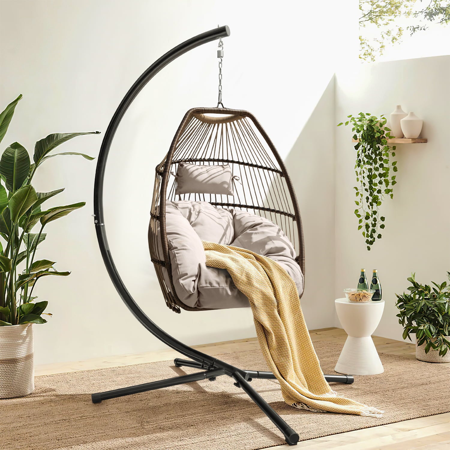 Homall Indoor Outdoor Patio Wicker Swing Egg Chair Hammock Chair Hanging Chair UV Resistant Cushions with Stand for Patio Porch Lounge Bedroom Balcony Garden Backyard