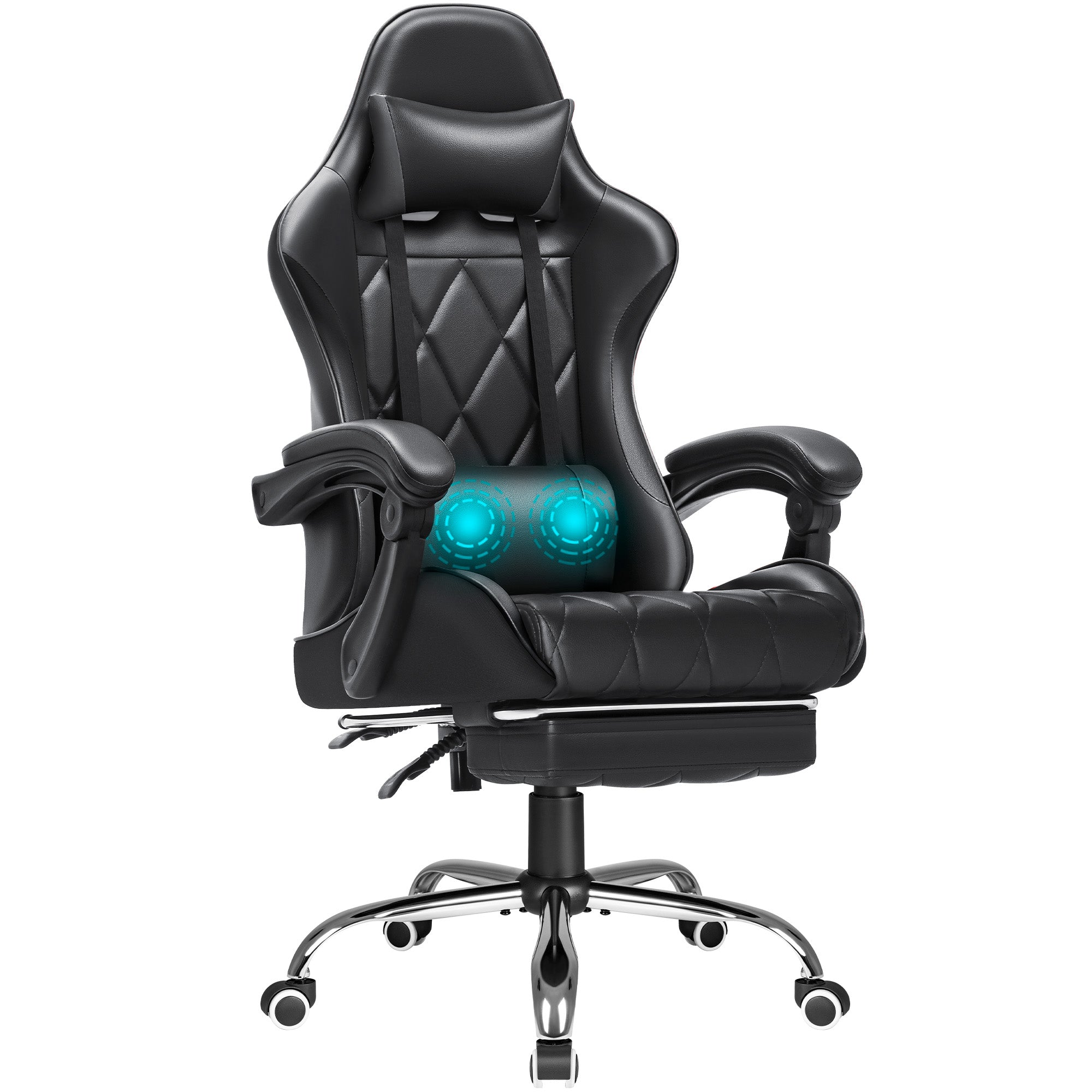 Soontrans Gaming Chair with Footrest and Ergonomic Massage Lumbar Pillow PU  Leather Office Chair, Black 