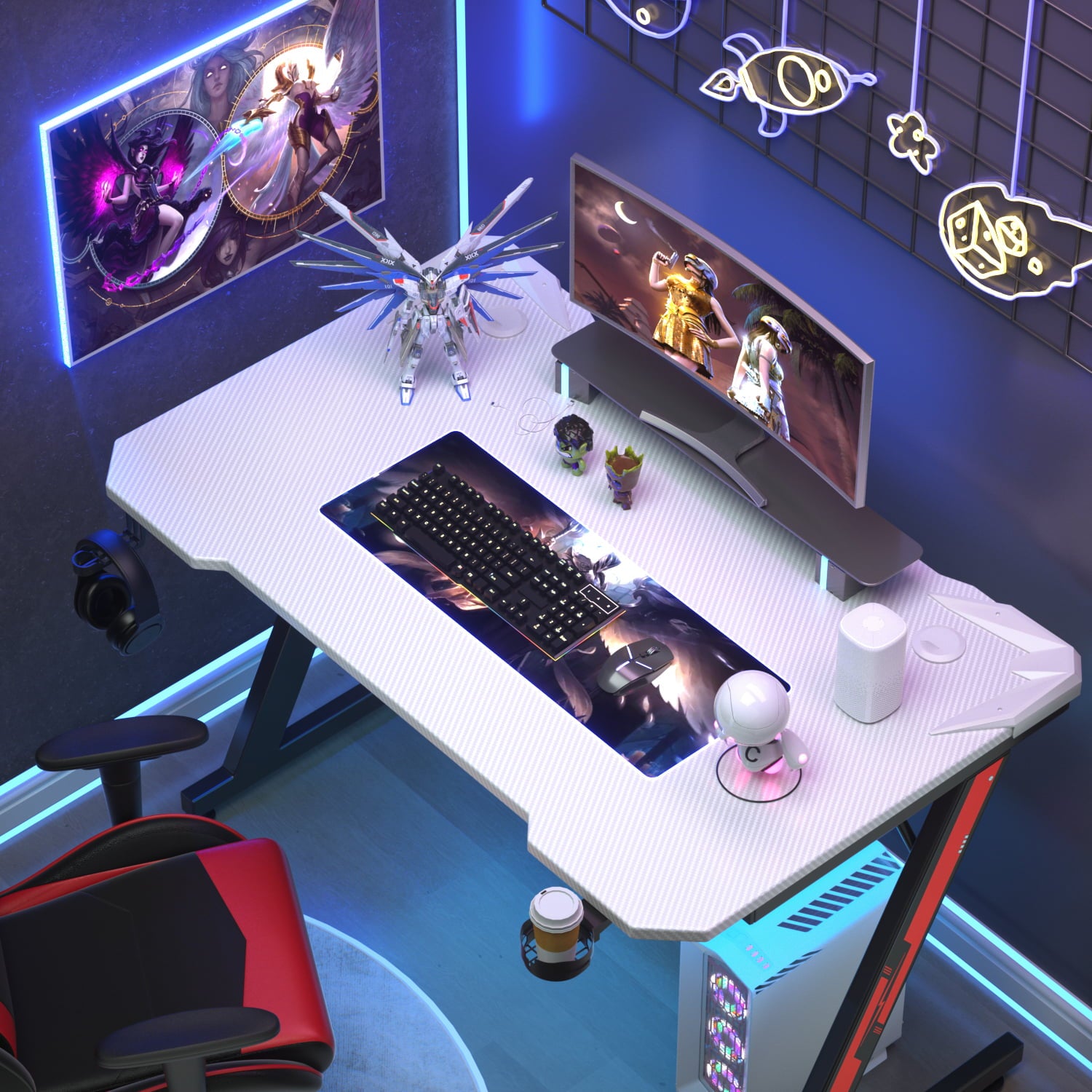 Homall Z-Shaped Gaming Desk Carbon Fiber Surface Desk with Cup Holder & Headphone Hook