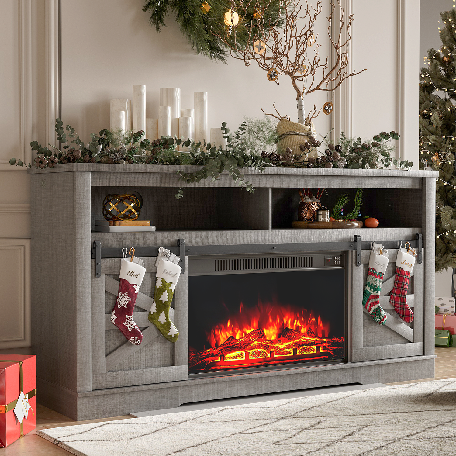 Homall Modern Farmhouse TV Stand with Electric Fireplace Media Storage TV Console Sliding Cabinet Doors