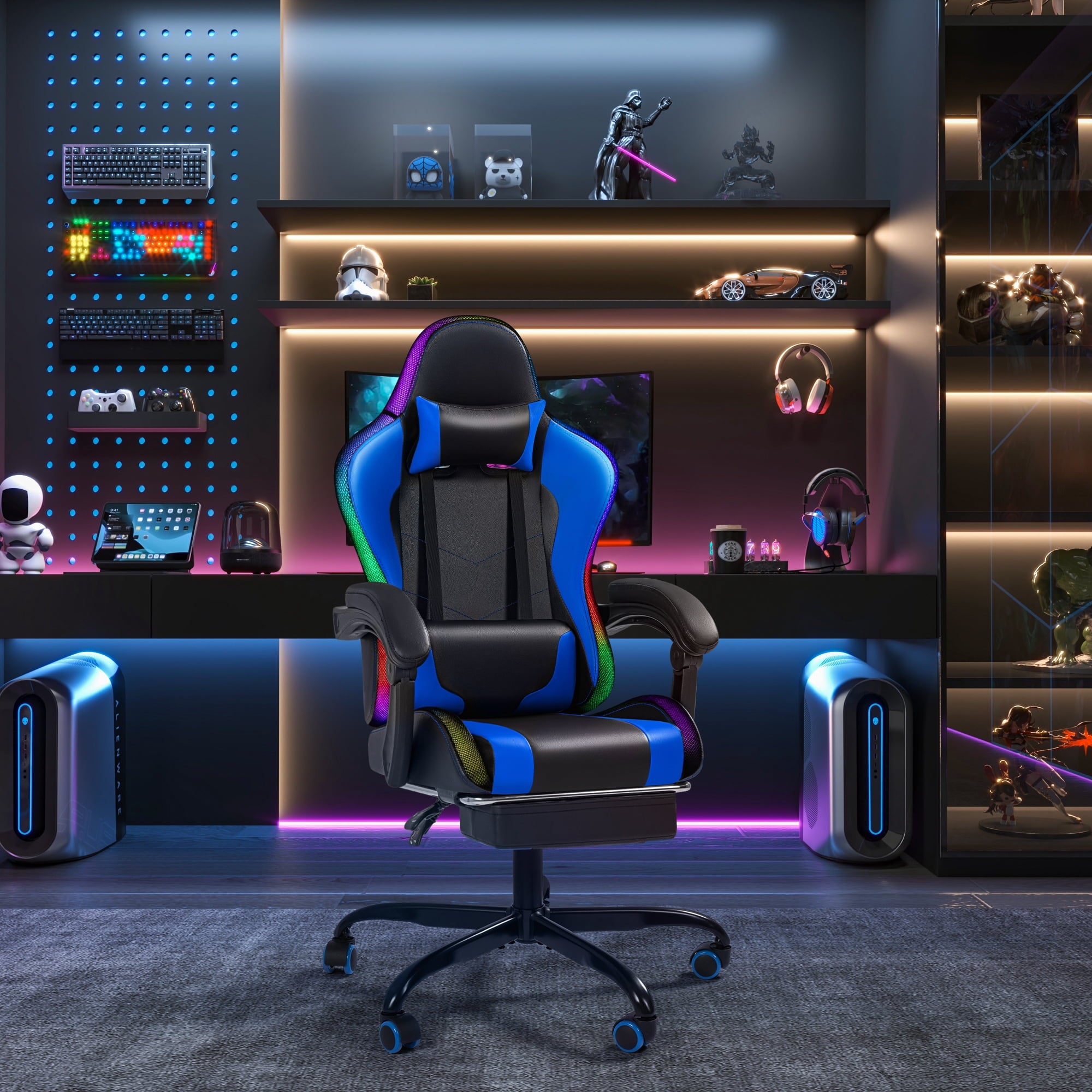 Homall RGB Gaming Chair with Massage and LED Lights Ergonomic Computer Chair with Footrest E-sports Chair with Adjustable Lumbar Support Reclining Video Game Chair