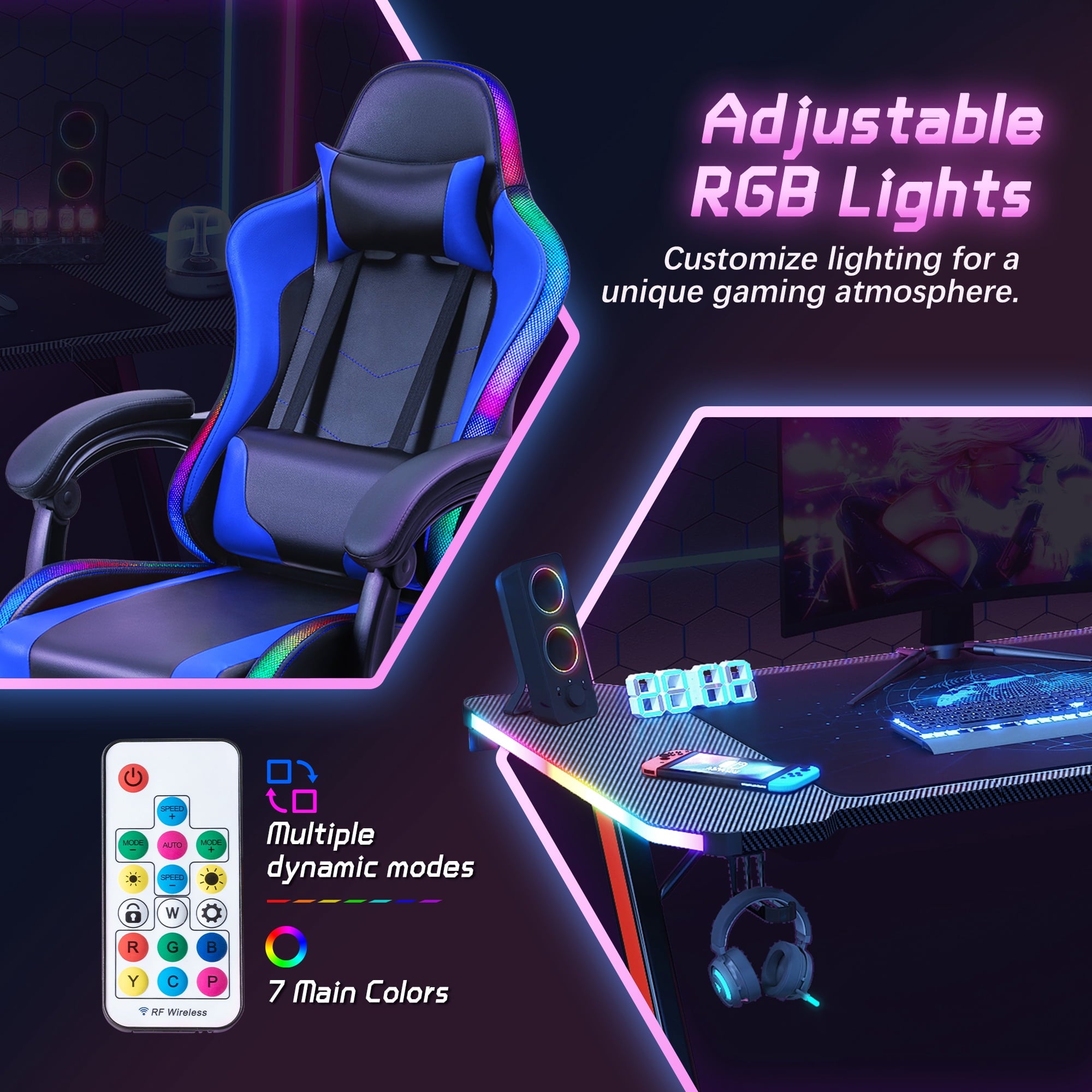 Homall RGB Gaming Desk and Chair Set, Carbon Fiber Desktop Z-Shape Table Massage Ergonomics Racing Chair E-Sports LED Lights Chair RGB Gaming Set
