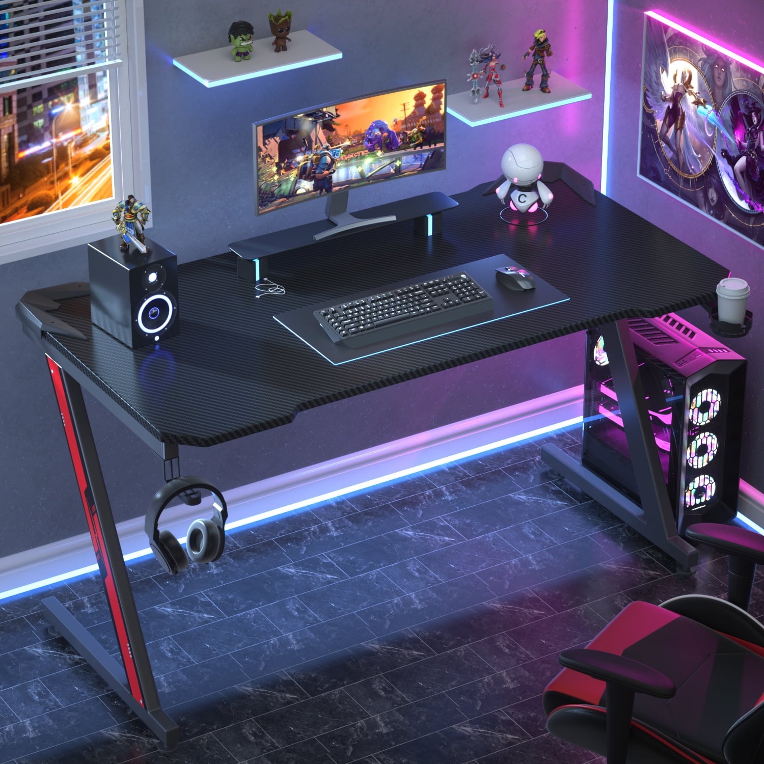 Homall Z-Shaped Gaming Desk Carbon Fiber Surface Desk with Cup Holder & Headphone Hook