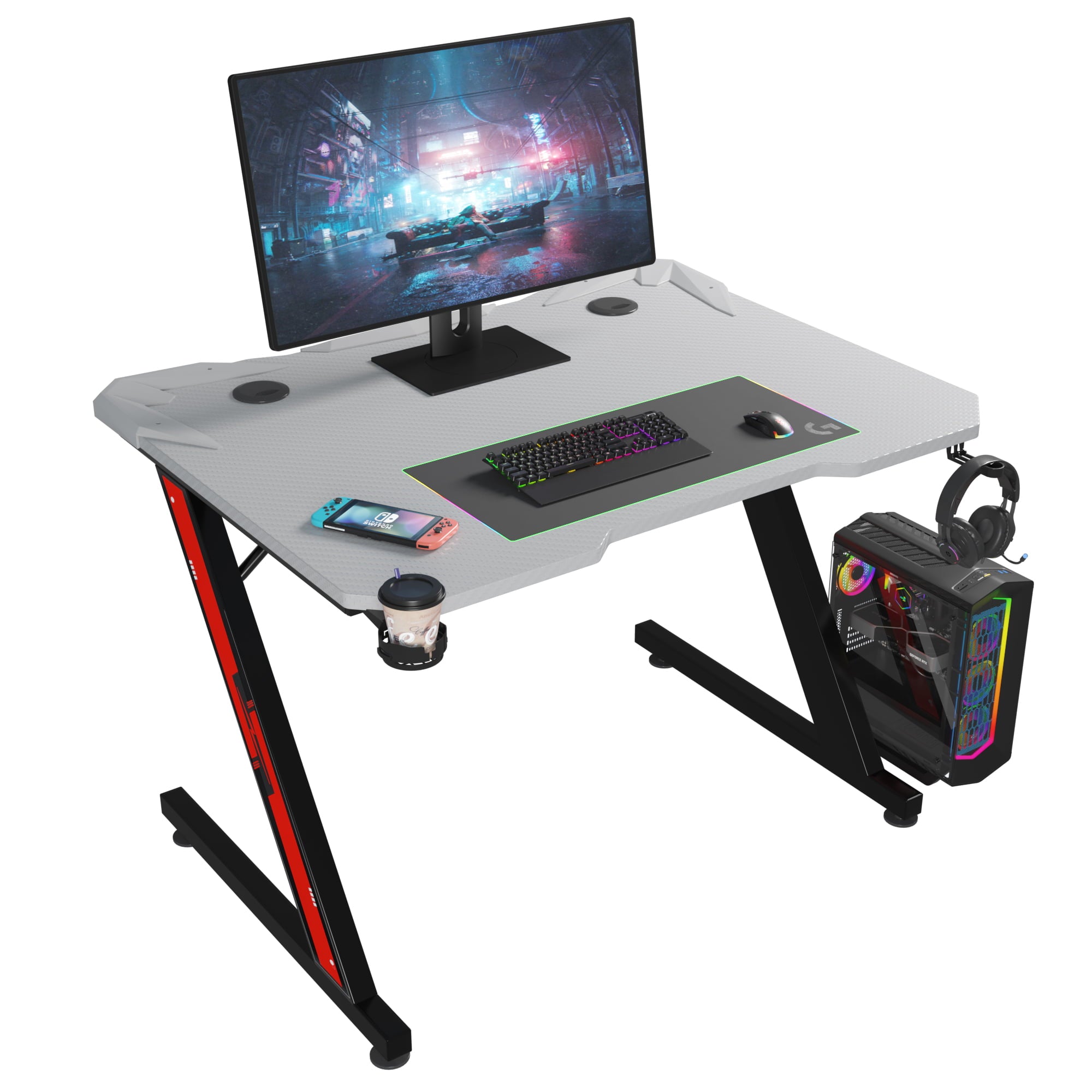 Homall Z-Shaped Gaming Desk Carbon Fiber Surface Desk with Cup Holder & Headphone Hook