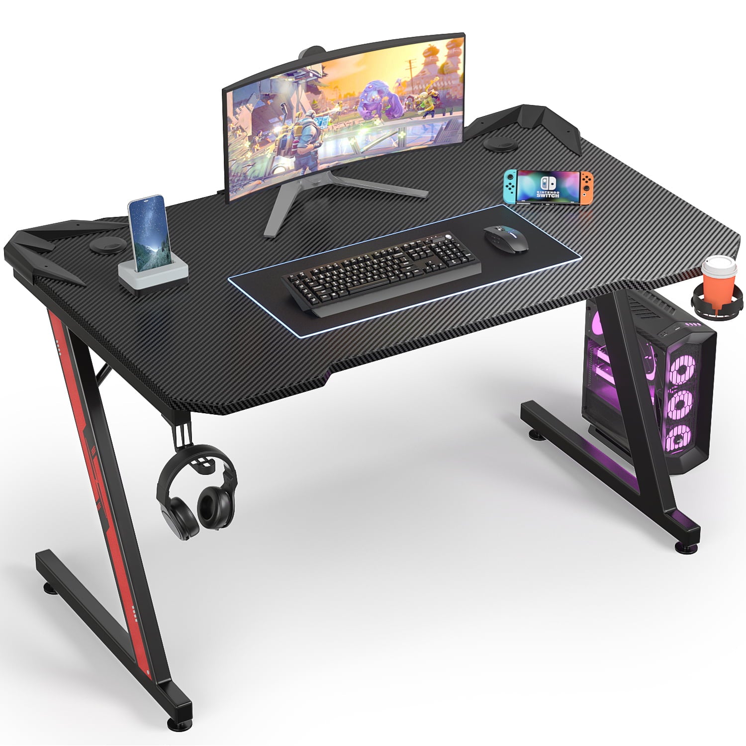 Homall Z-Shaped Gaming Desk Carbon Fiber Surface Desk with Cup Holder & Headphone Hook