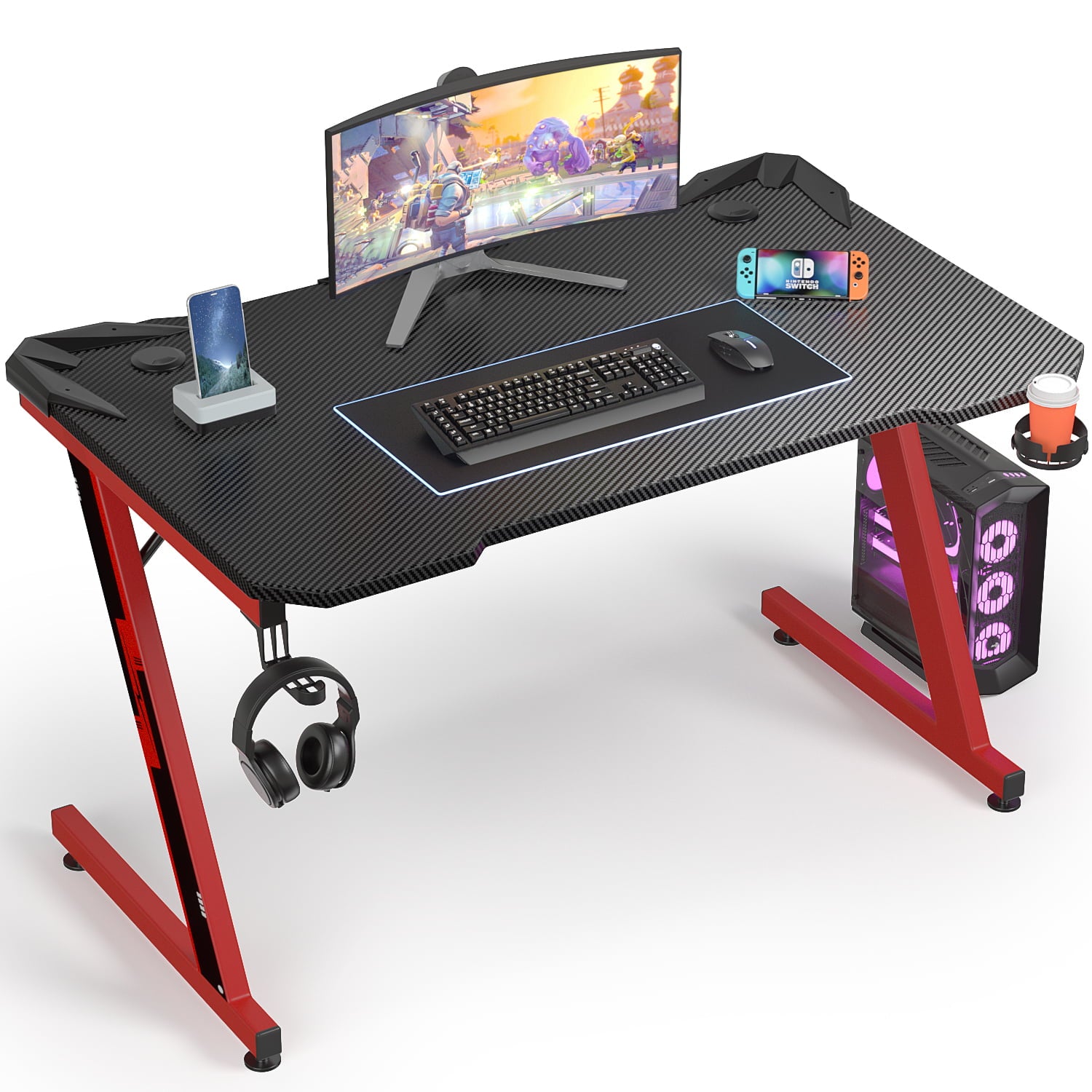 Homall Z-Shaped Gaming Desk Carbon Fiber Surface Desk with Cup Holder & Headphone Hook