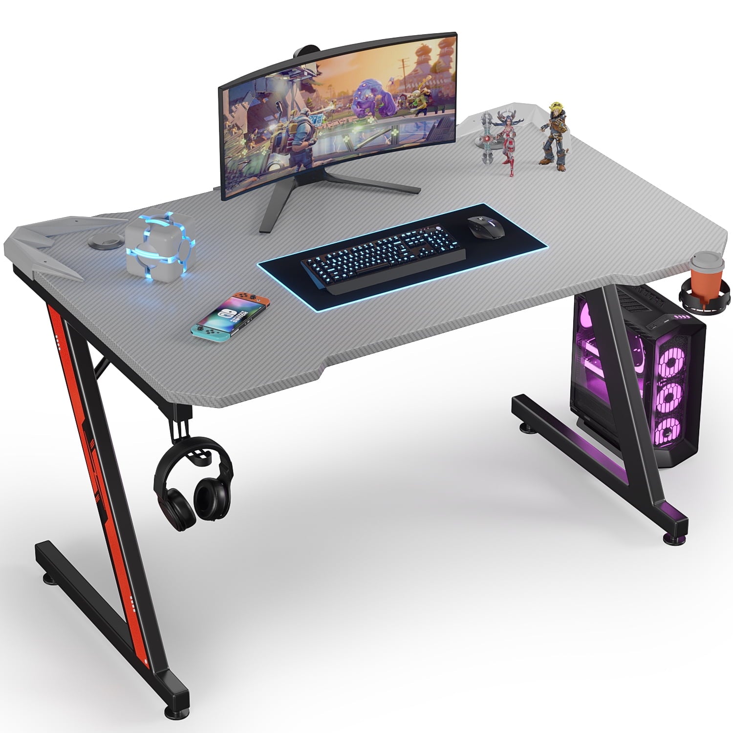Homall Z-Shaped Gaming Desk Carbon Fiber Surface Desk with Cup Holder & Headphone Hook