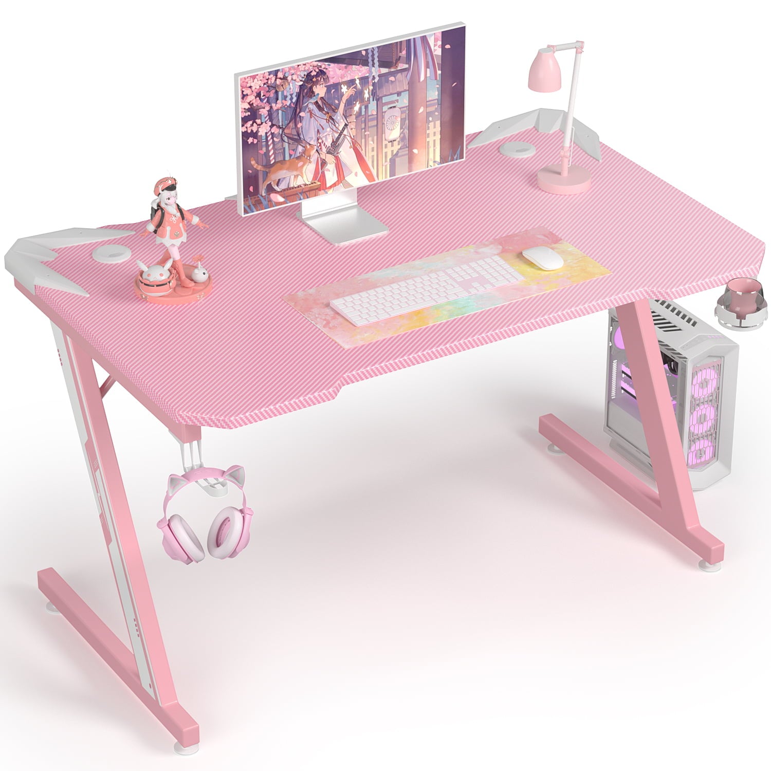 Homall Z-Shaped Gaming Desk Carbon Fiber Surface Desk with Cup Holder & Headphone Hook