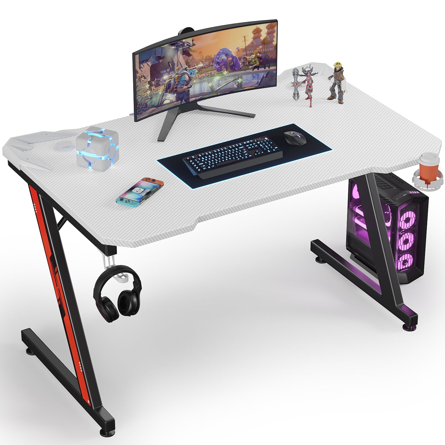 Homall Z-Shaped Gaming Desk Carbon Fiber Surface Desk with Cup Holder & Headphone Hook