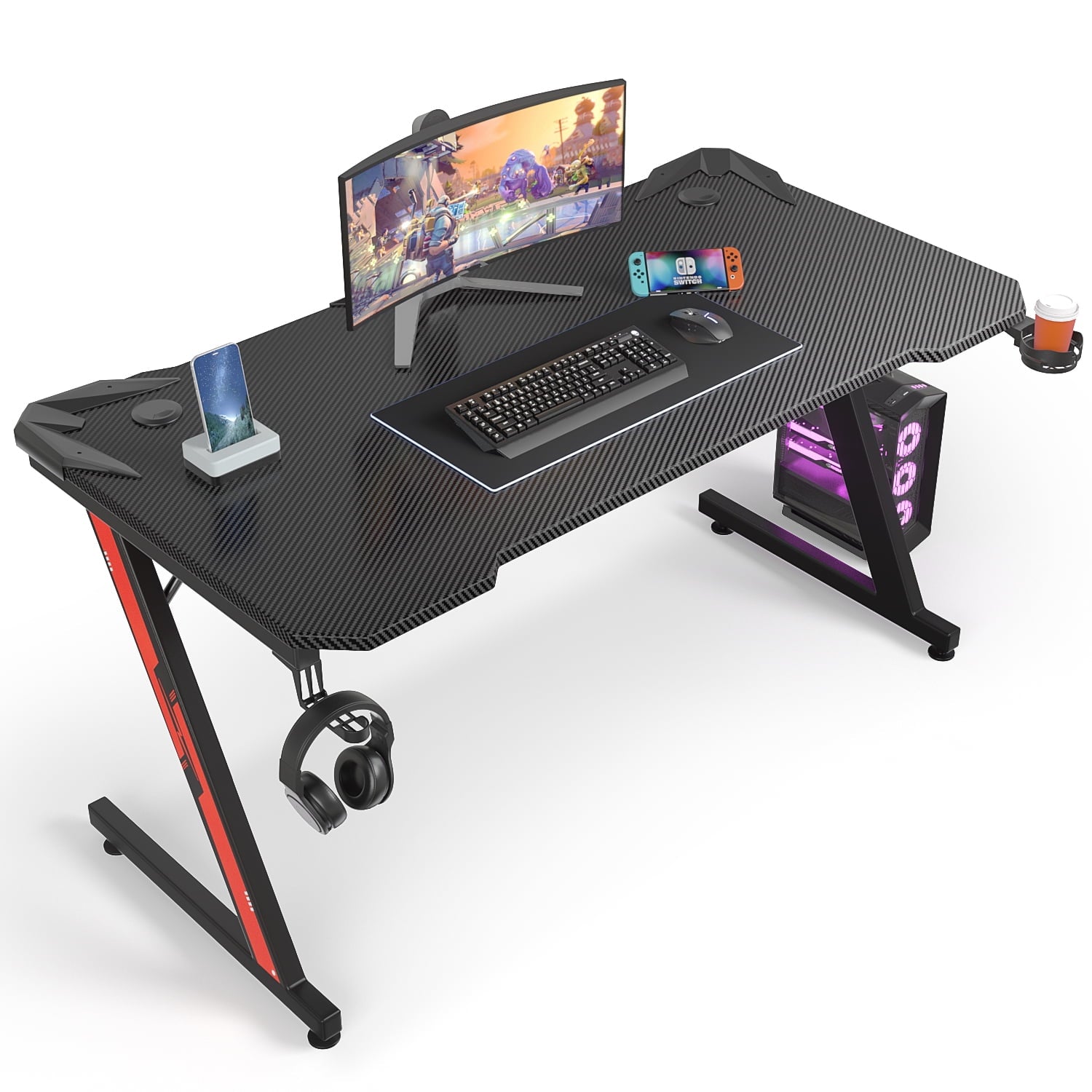 Homall Z-Shaped Gaming Desk Carbon Fiber Surface Desk with Cup Holder & Headphone Hook